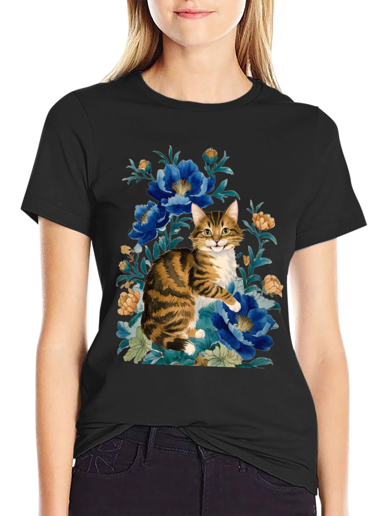 Black Floral Cat Graphic Tee - Soft Cotton Blend view 2