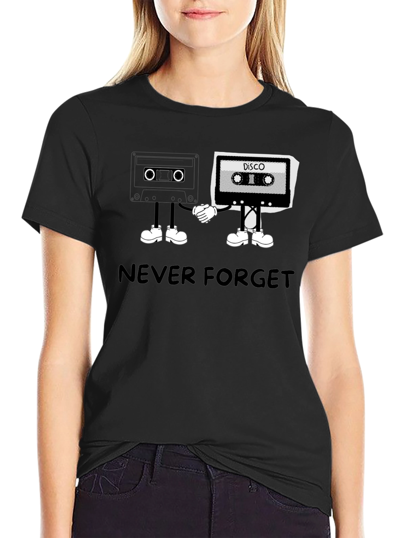 Black Retro Cassette Tape T-Shirt: Never Forget Disco! view 2