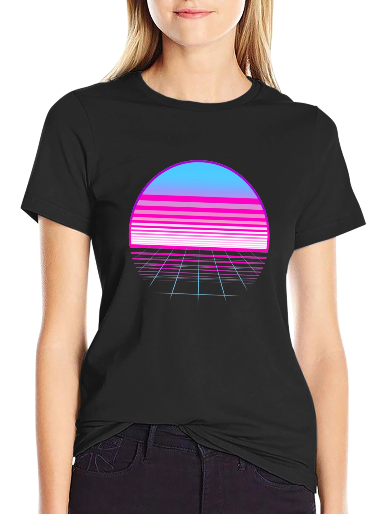 Black Retro Wave Sunset T-Shirt - Synthwave Style view 2