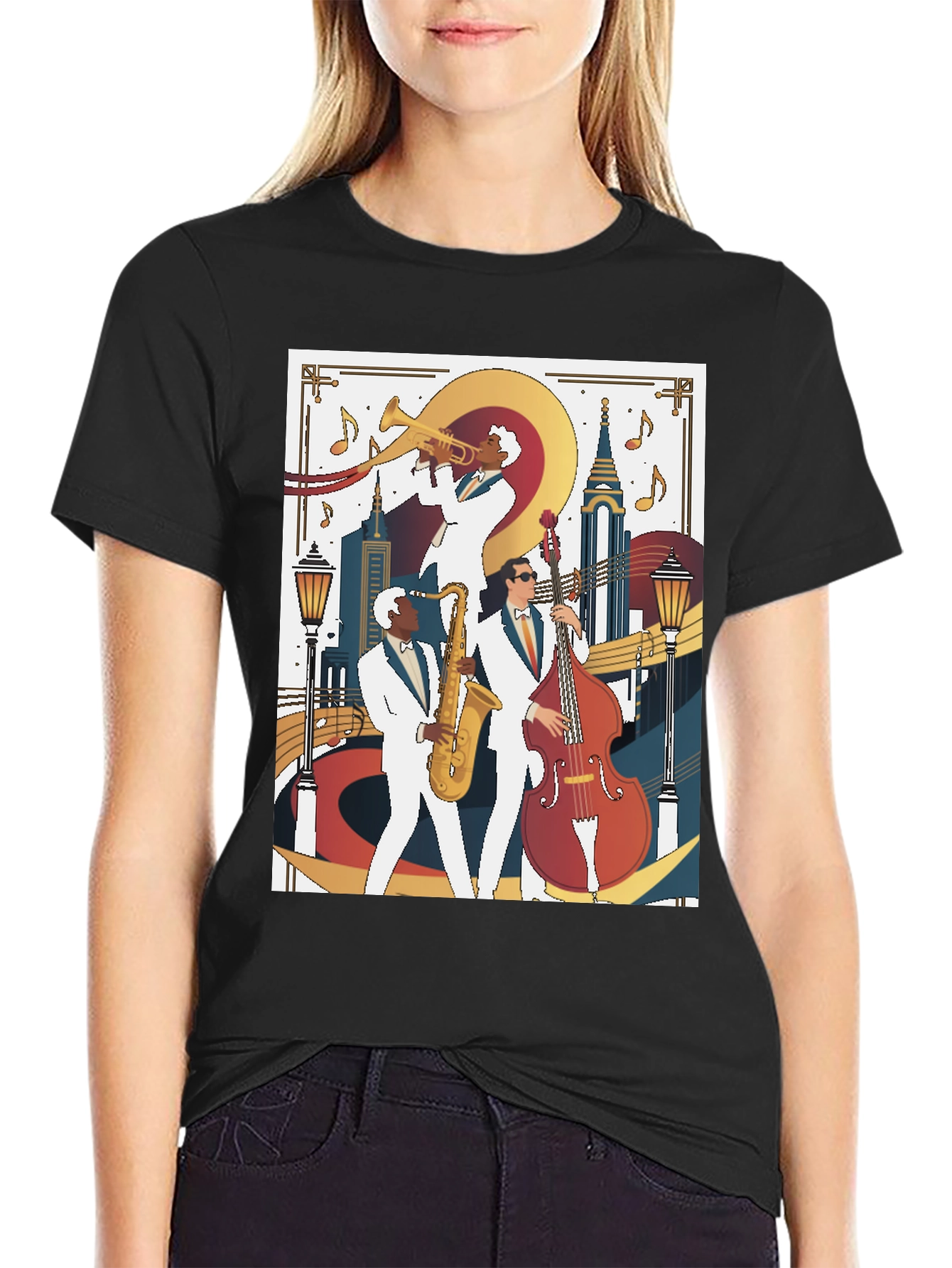 Black Jazz Band Graphic Tee - Vintage Music Lover T-Shirt view 2