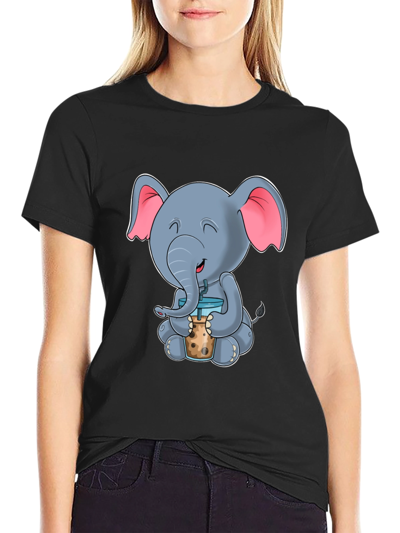 Black Cute Elephant Bubble Tea Graphic Tee view 2
