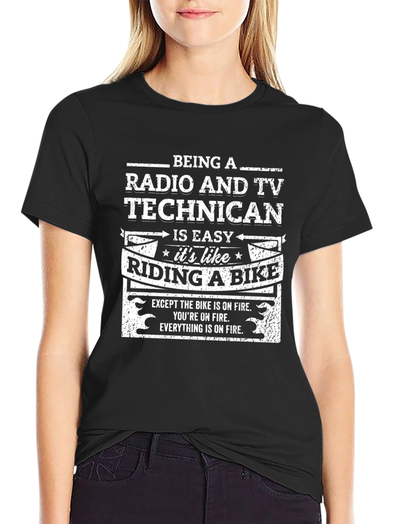 Black Radio & TV Technician Humor T-Shirt: Riding a Bike on Fire view 2