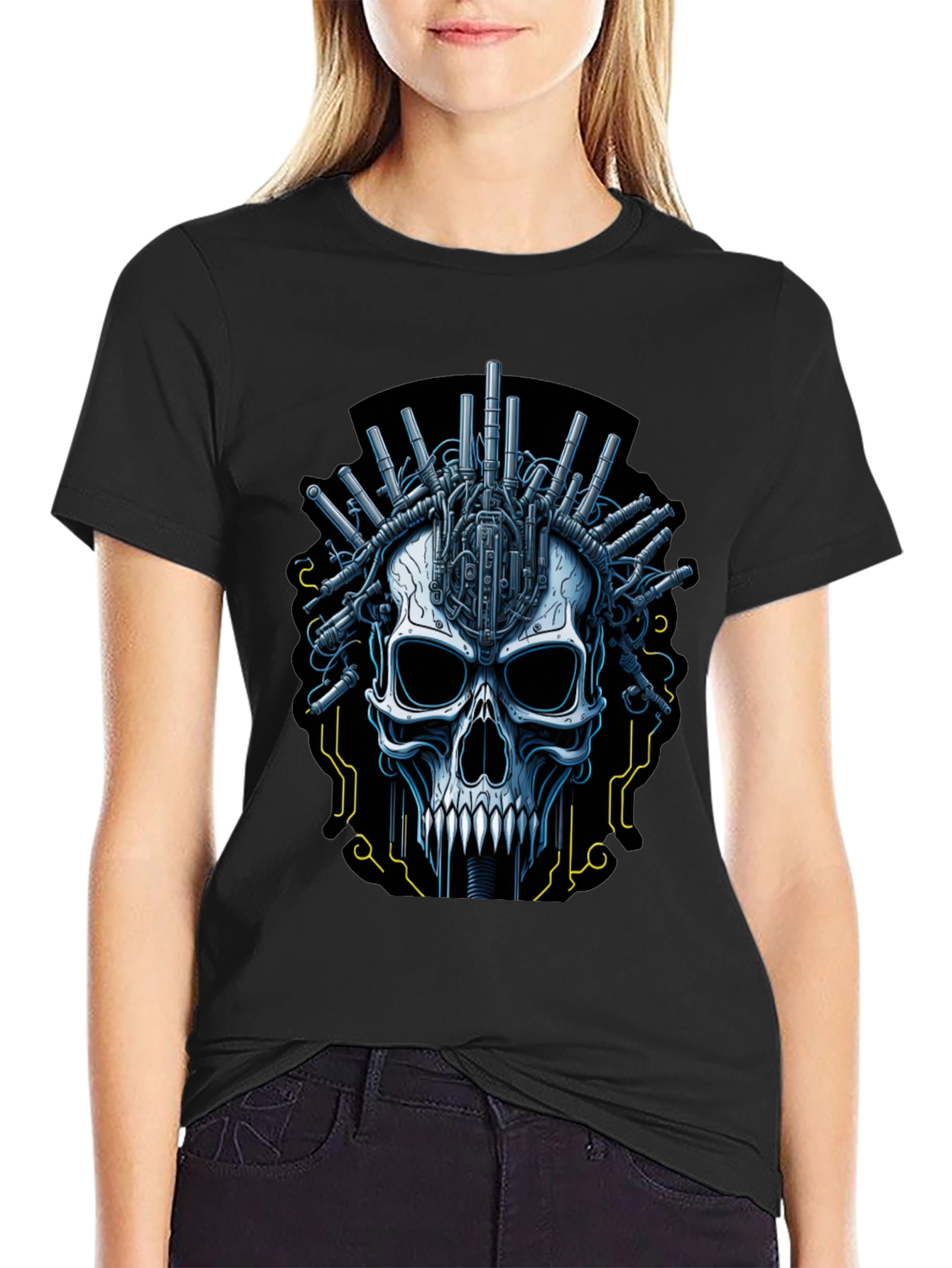 Black Cyberpunk Skull Graphic T-Shirt view 2