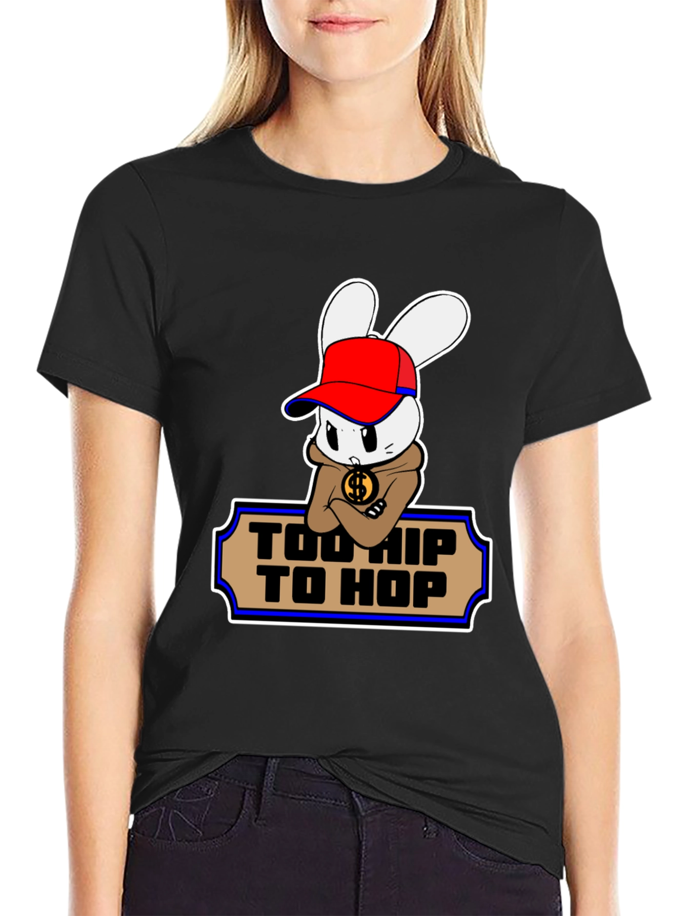 Black Too Hip To Hop Cartoon Bunny T-Shirt view 2