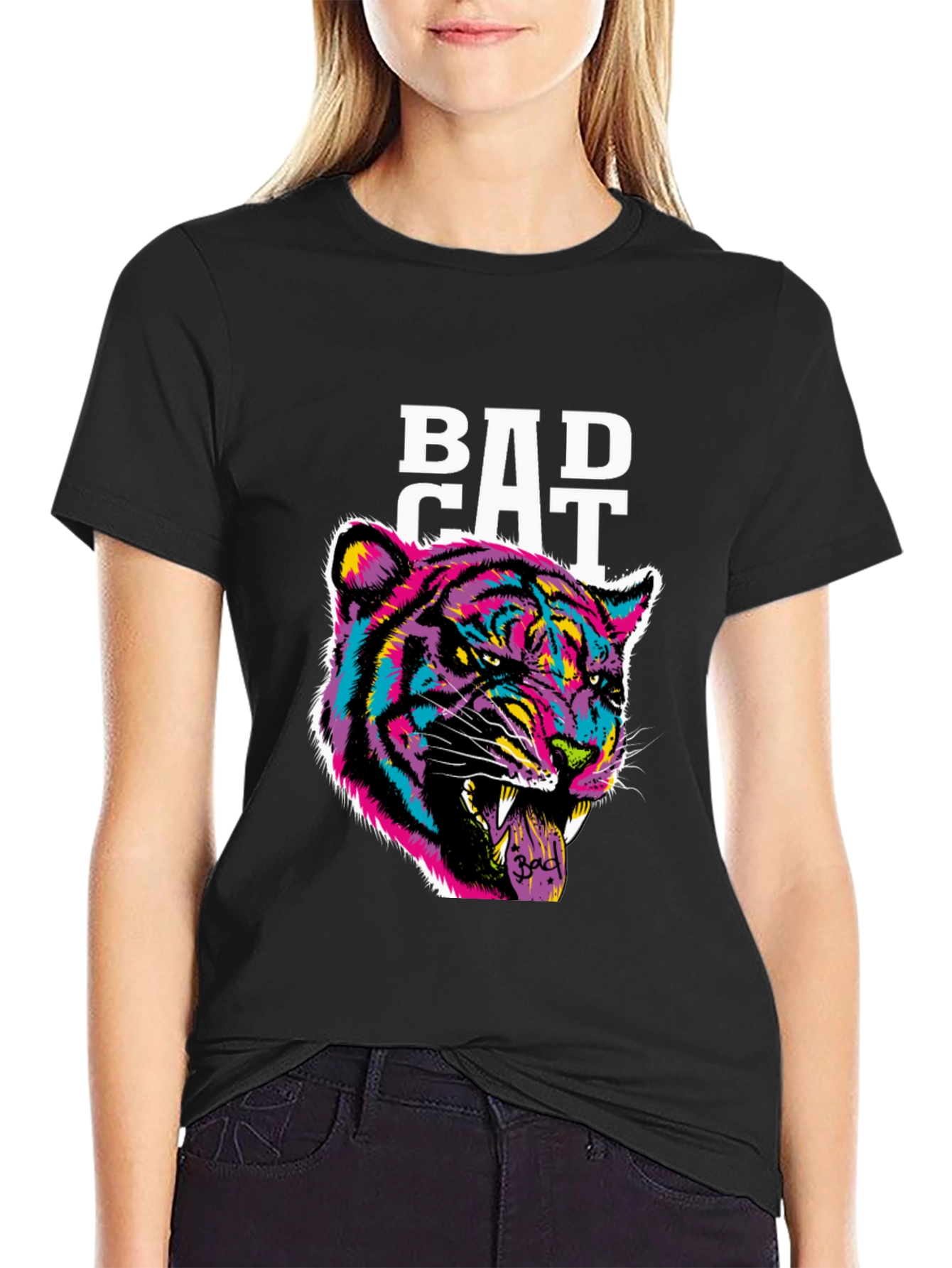 Black Bad Cat Graphic Print Tee - Black Cotton Blend view 2