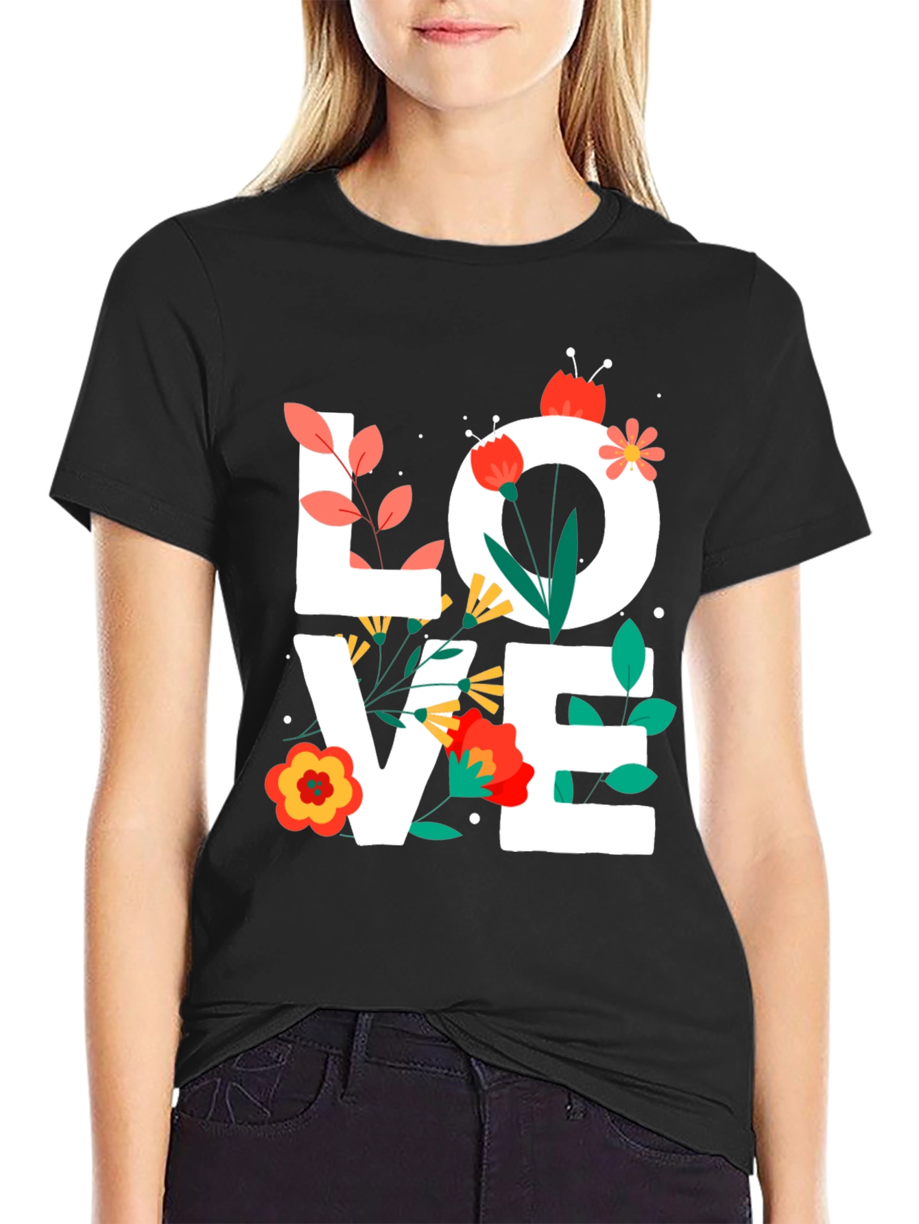 Black Floral LOVE Graphic Tee - Trendy Unisex Shirt view 2