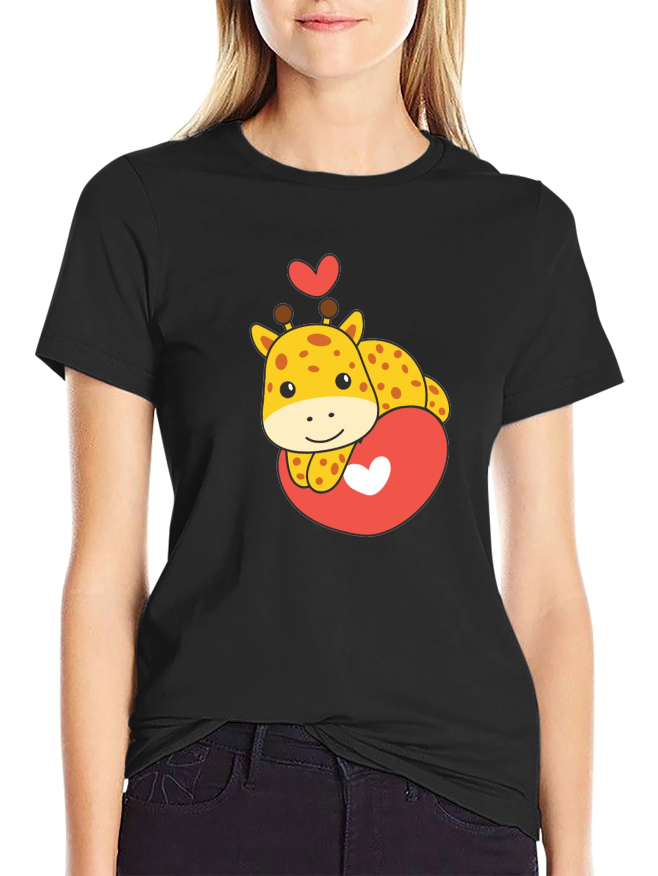 Black Cute Giraffe Heart Graphic Tee - Black T-Shirt view 2