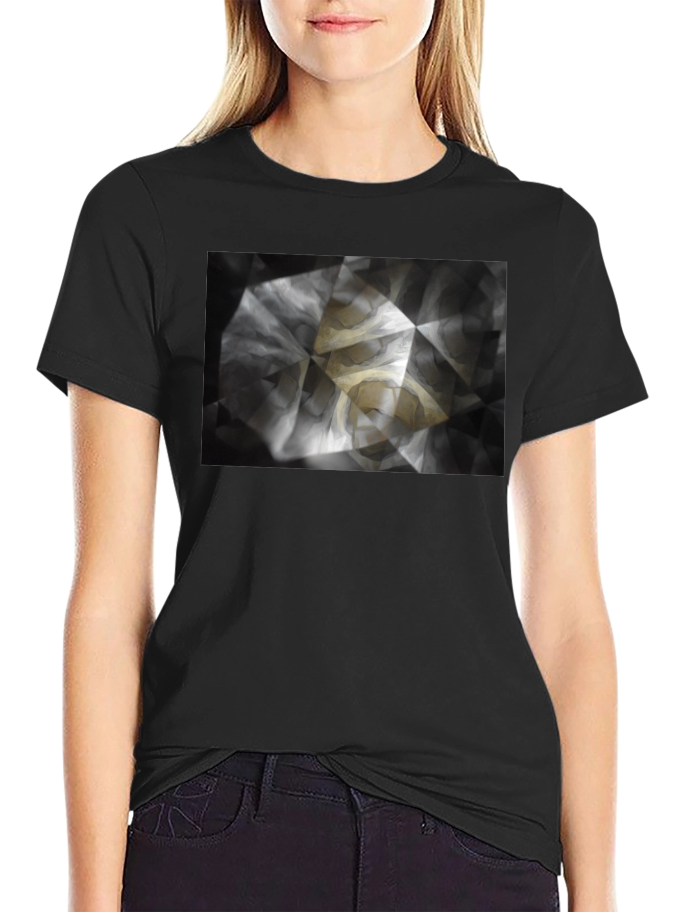 Black Abstract Geometric Print Black T-Shirt view 2