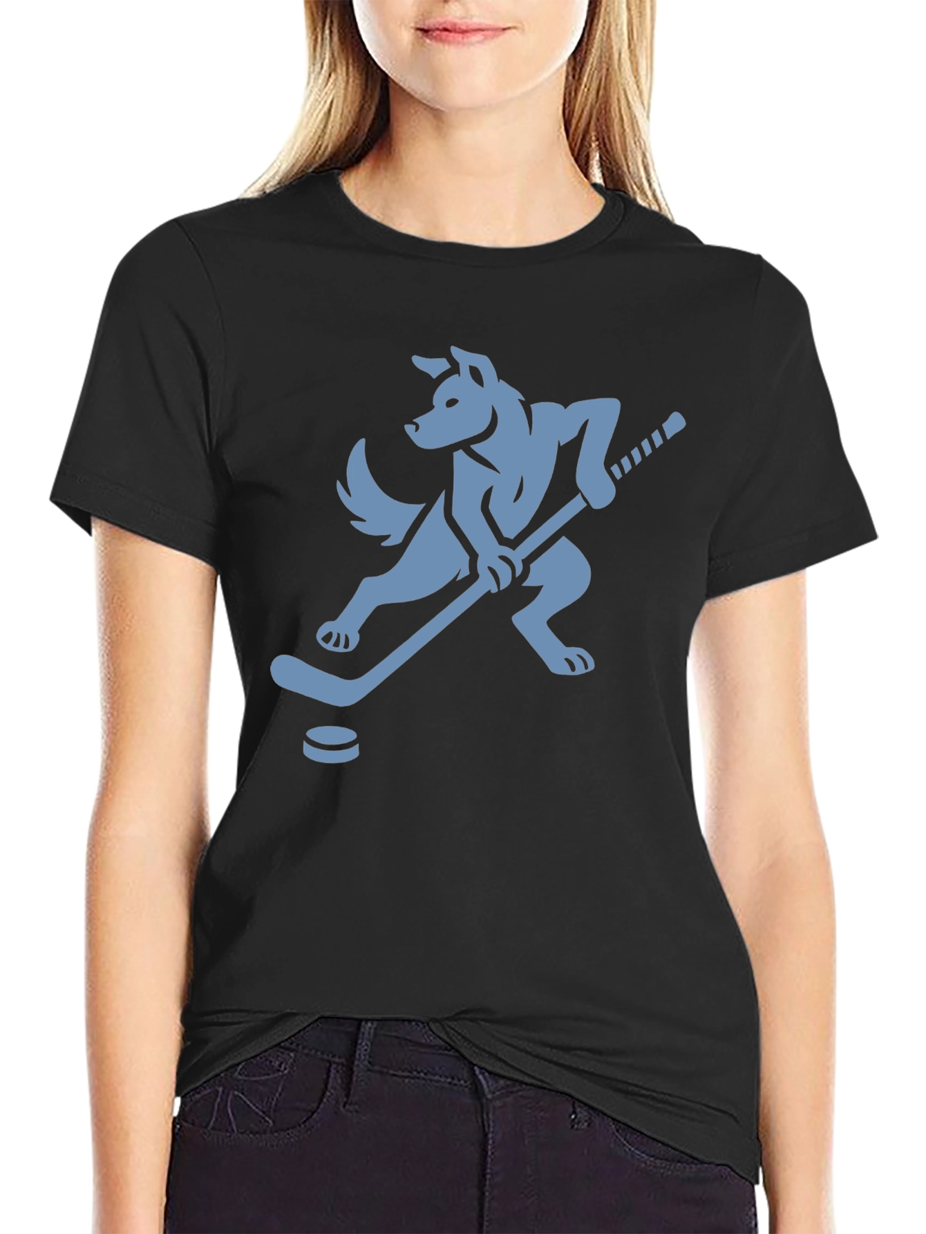 Black Hockey Dog T-Shirt - Black Tee with Canine Athlete Graphic view 2