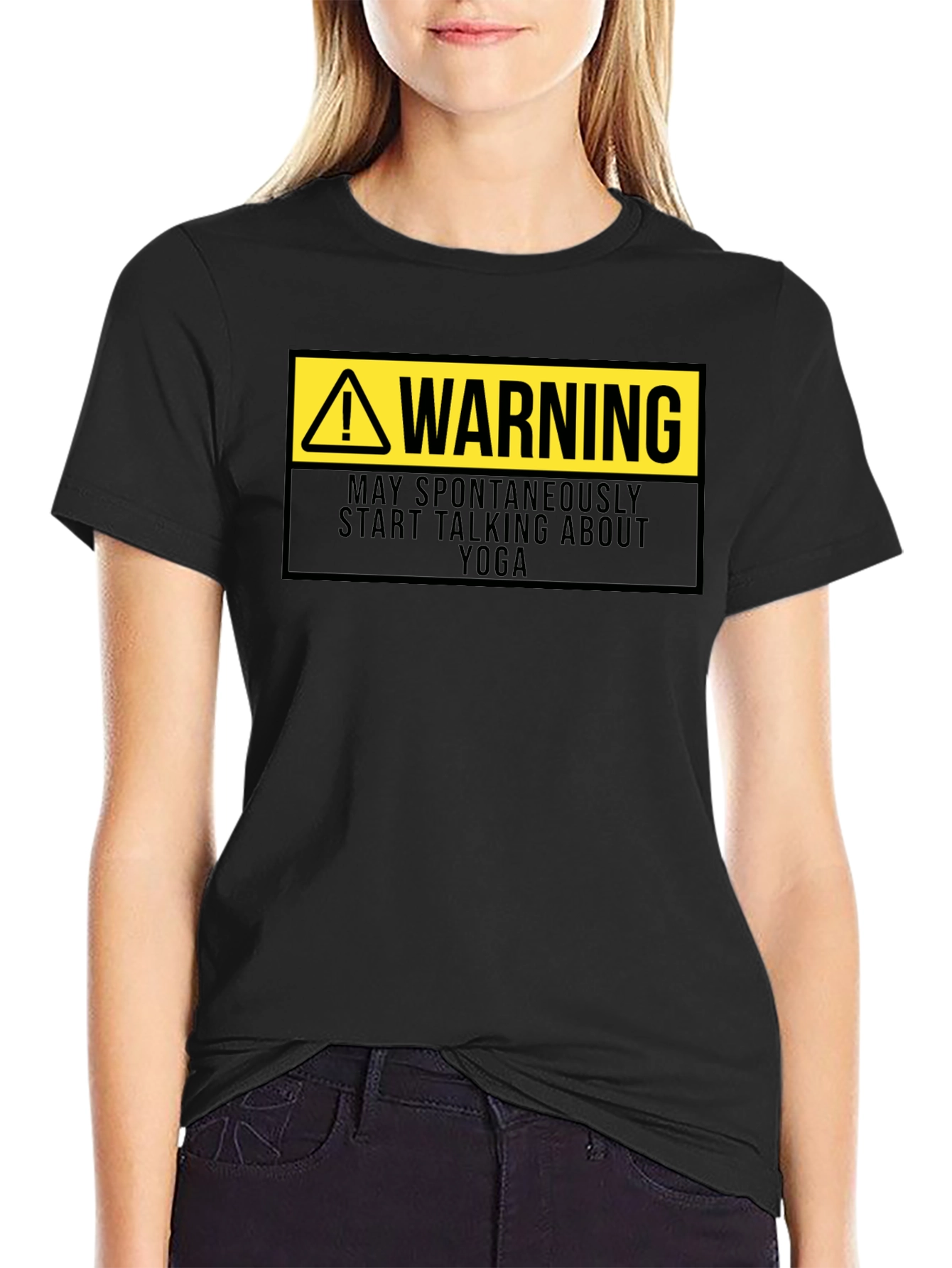 Black Warning: May Spontaneously Talk Yoga T-Shirt view 2