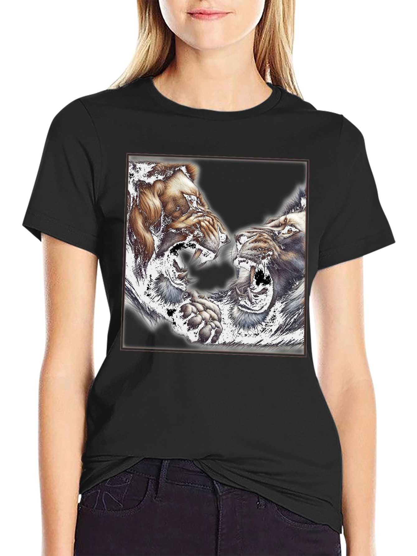 Black Roaring Lions Graphic Print Black T-Shirt view 2