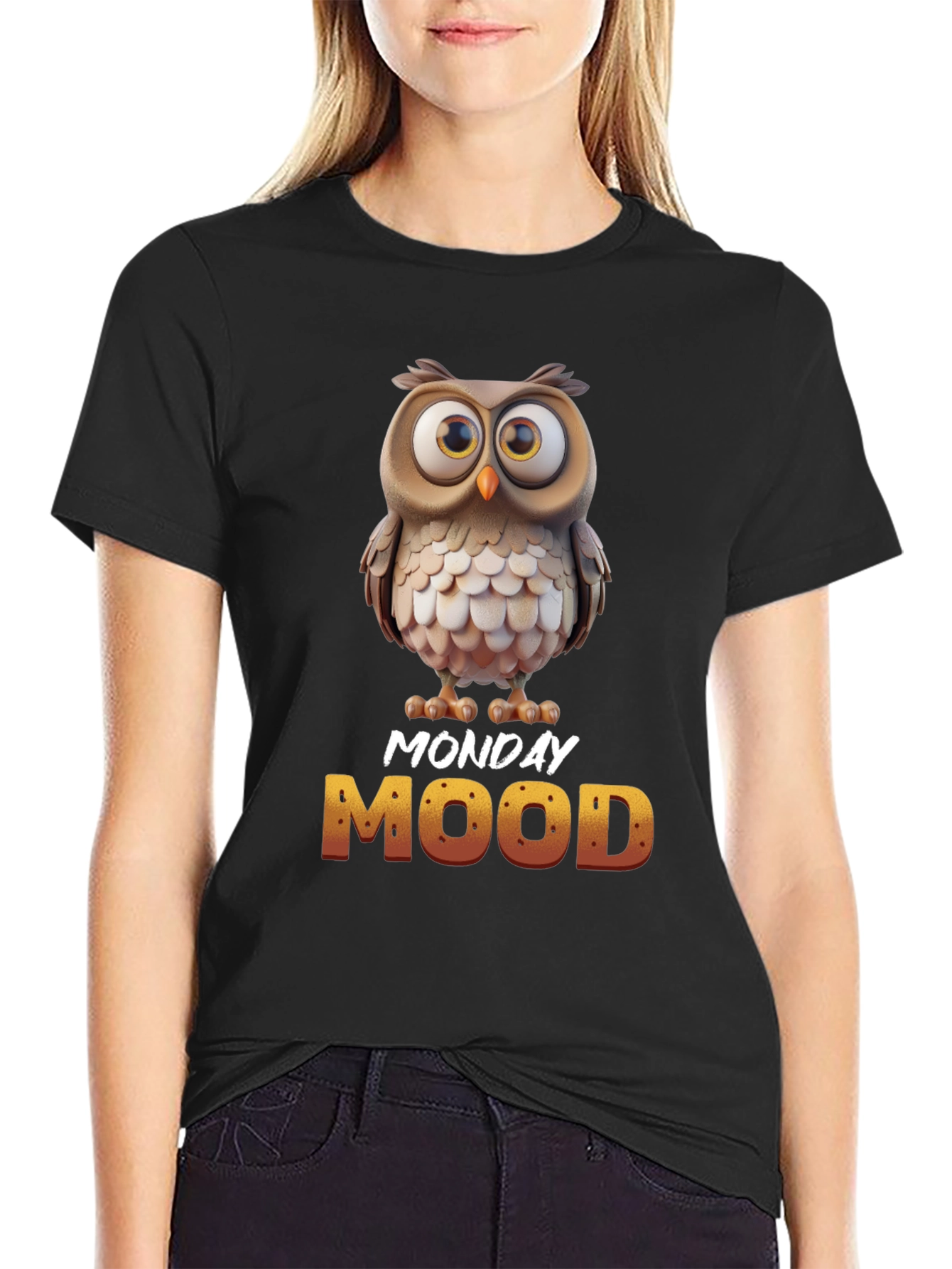 Black Monday Mood Owl T-Shirt - Funny & Unique Design view 2