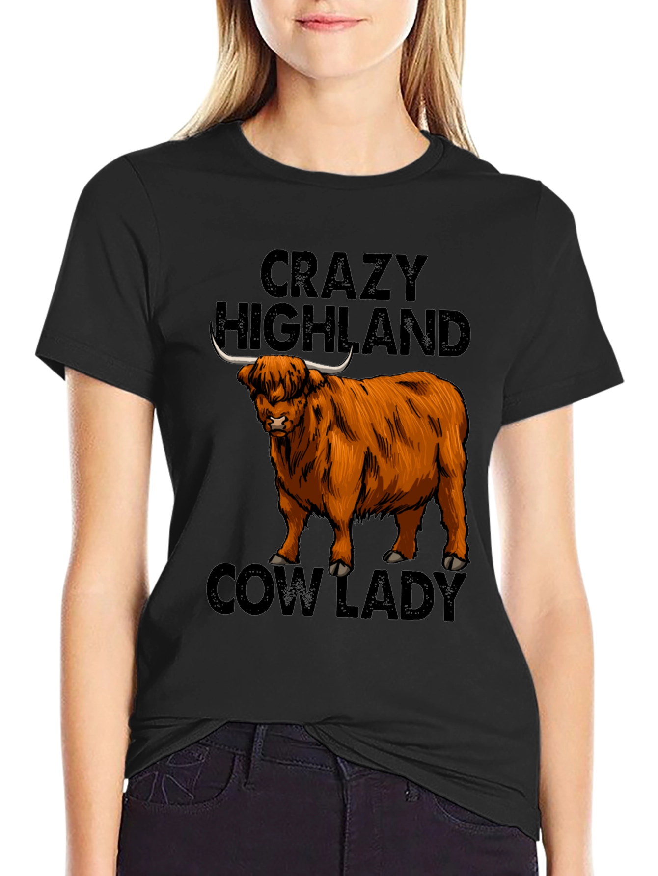 Black Crazy Highland Cow Lady T-Shirt view 2