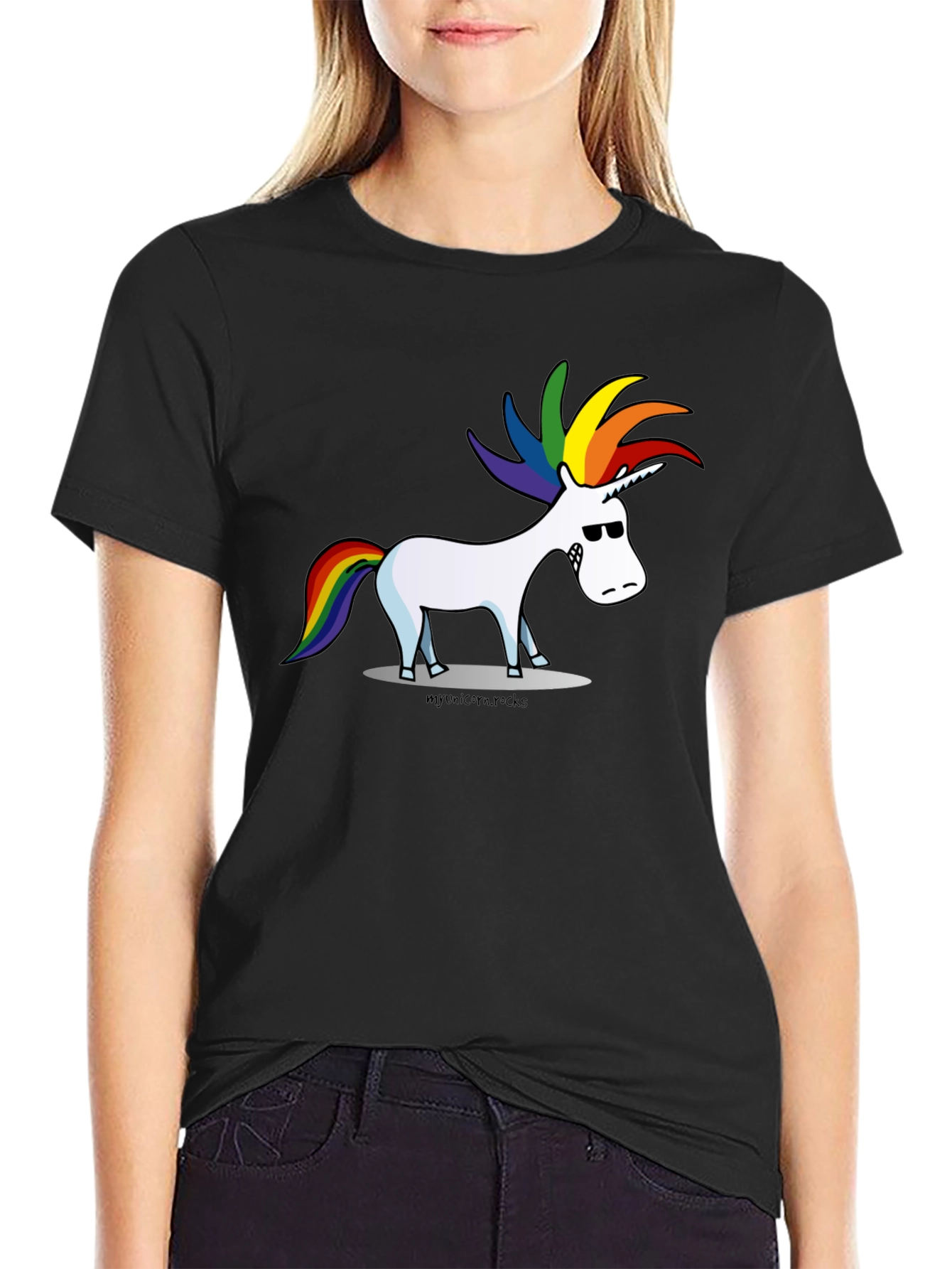 Black Cool Cartoon Unicorn Graphic Black Tee view 2