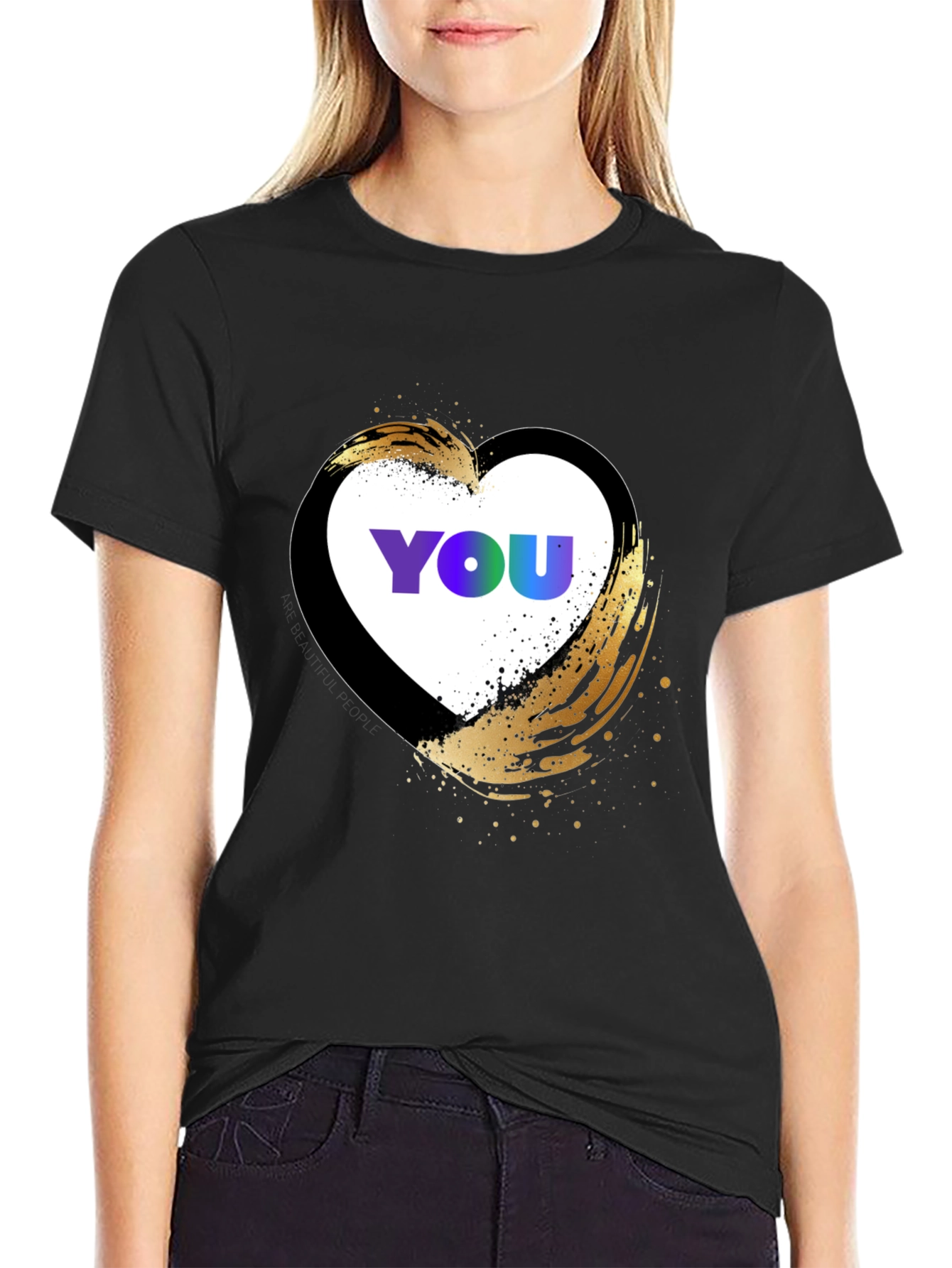 Black YOU Heart Graphic T-Shirt - Trendy Casual Top view 2