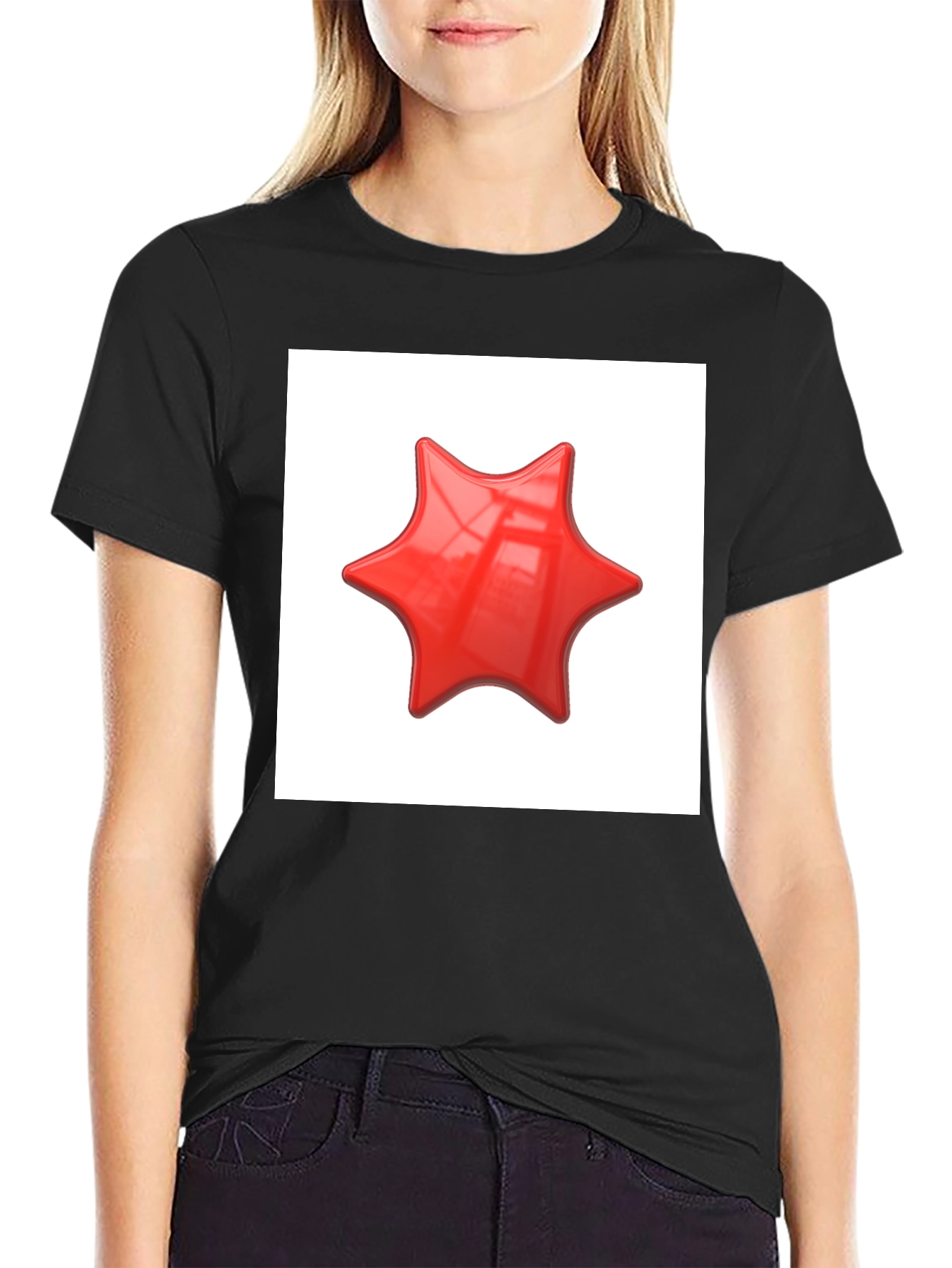 Black Black T-Shirt with Red Star Graphic Print view 2