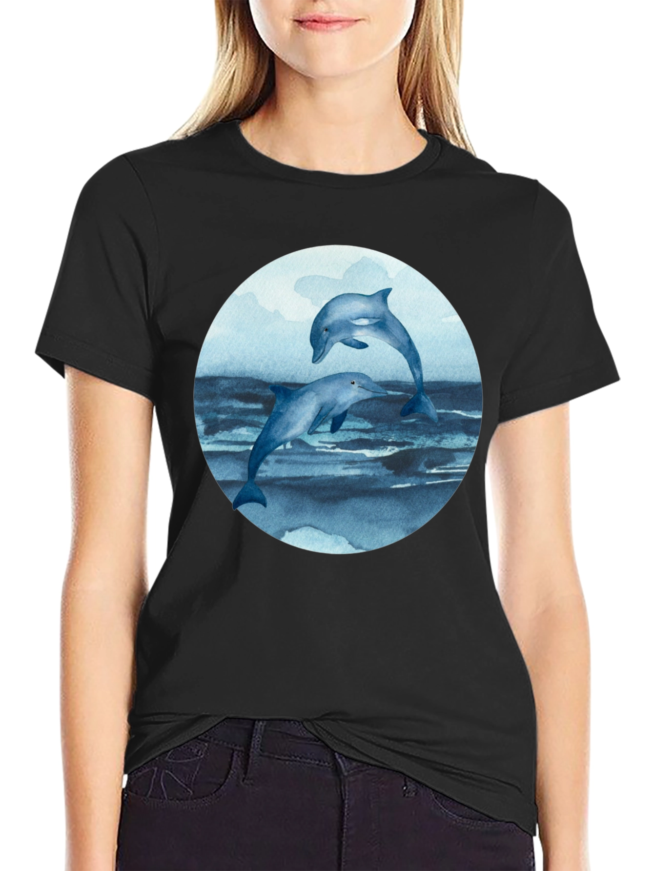 Black Dolphin T-Shirt - Round Print - Marine Life Tee view 2