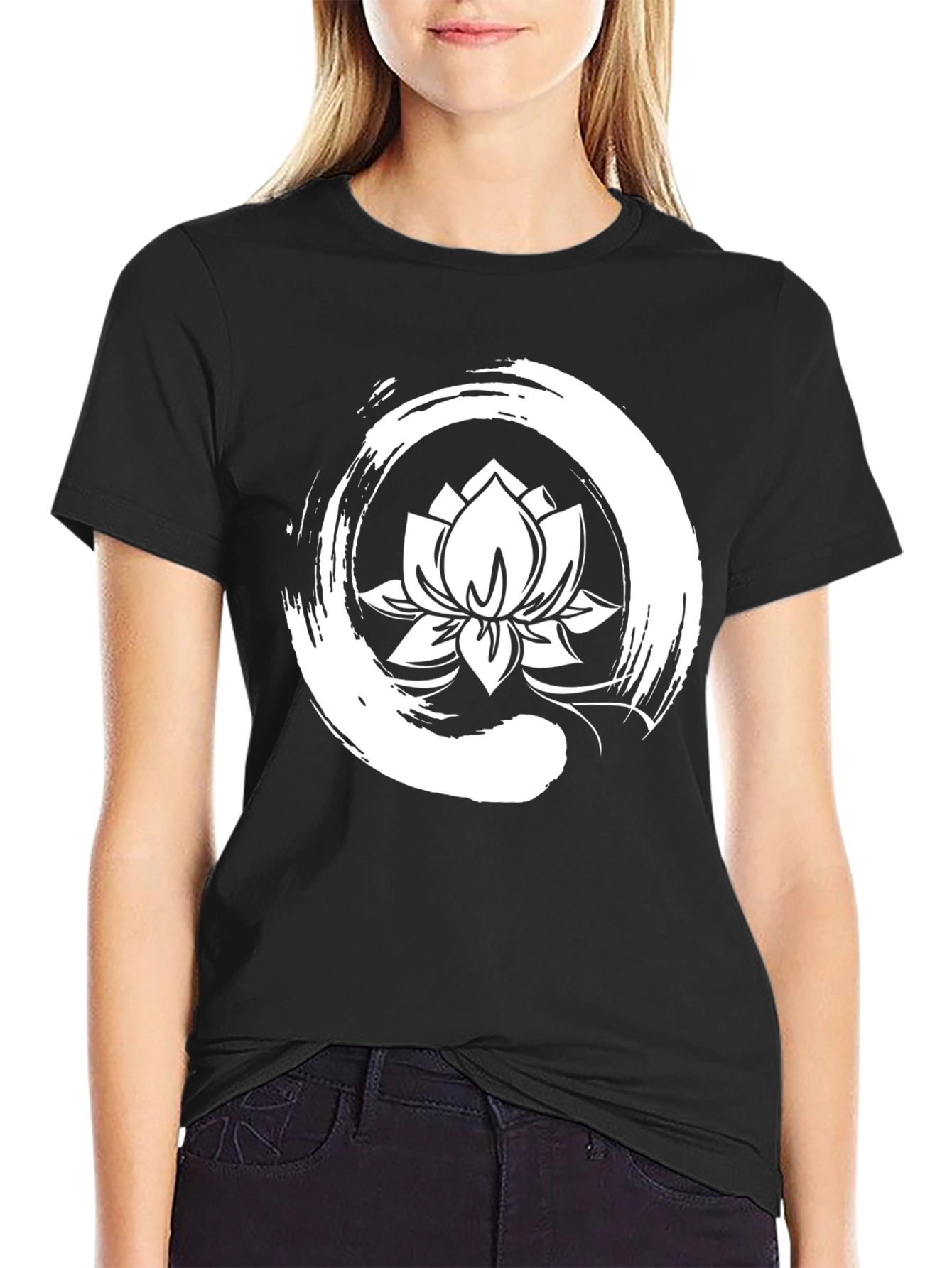 Black Lotus Flower Zen Circle Graphic Tee - Black view 2