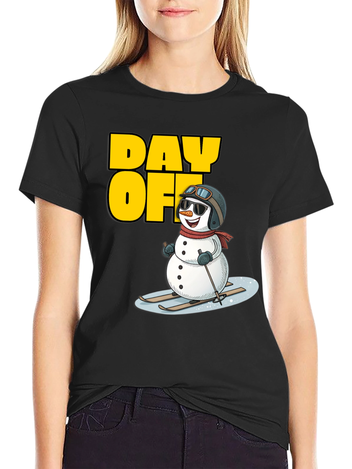 Black Day Off Snowman T-Shirt - Skiing Holiday Tee view 2