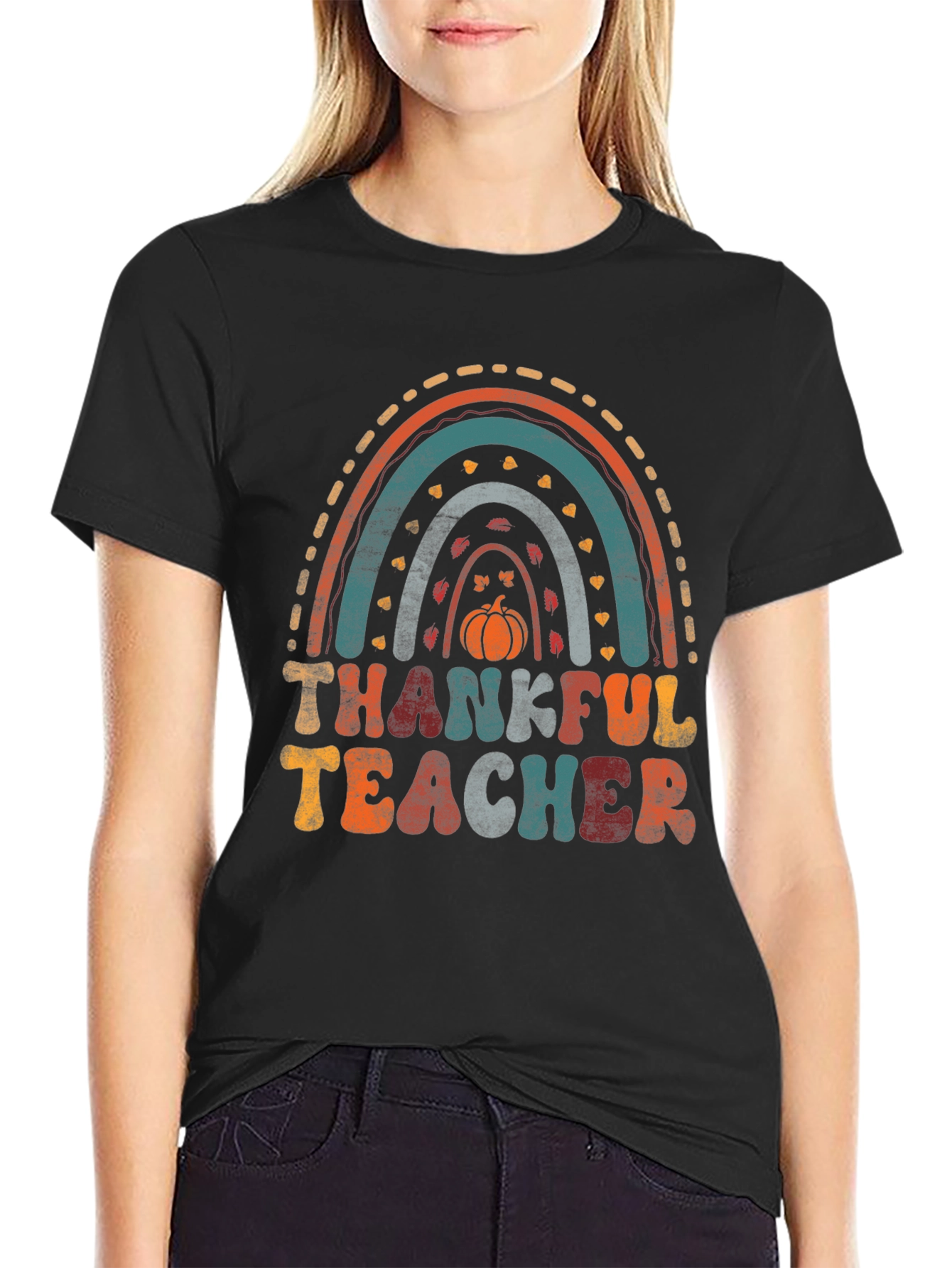 Black Thankful Teacher Rainbow T-Shirt view 2
