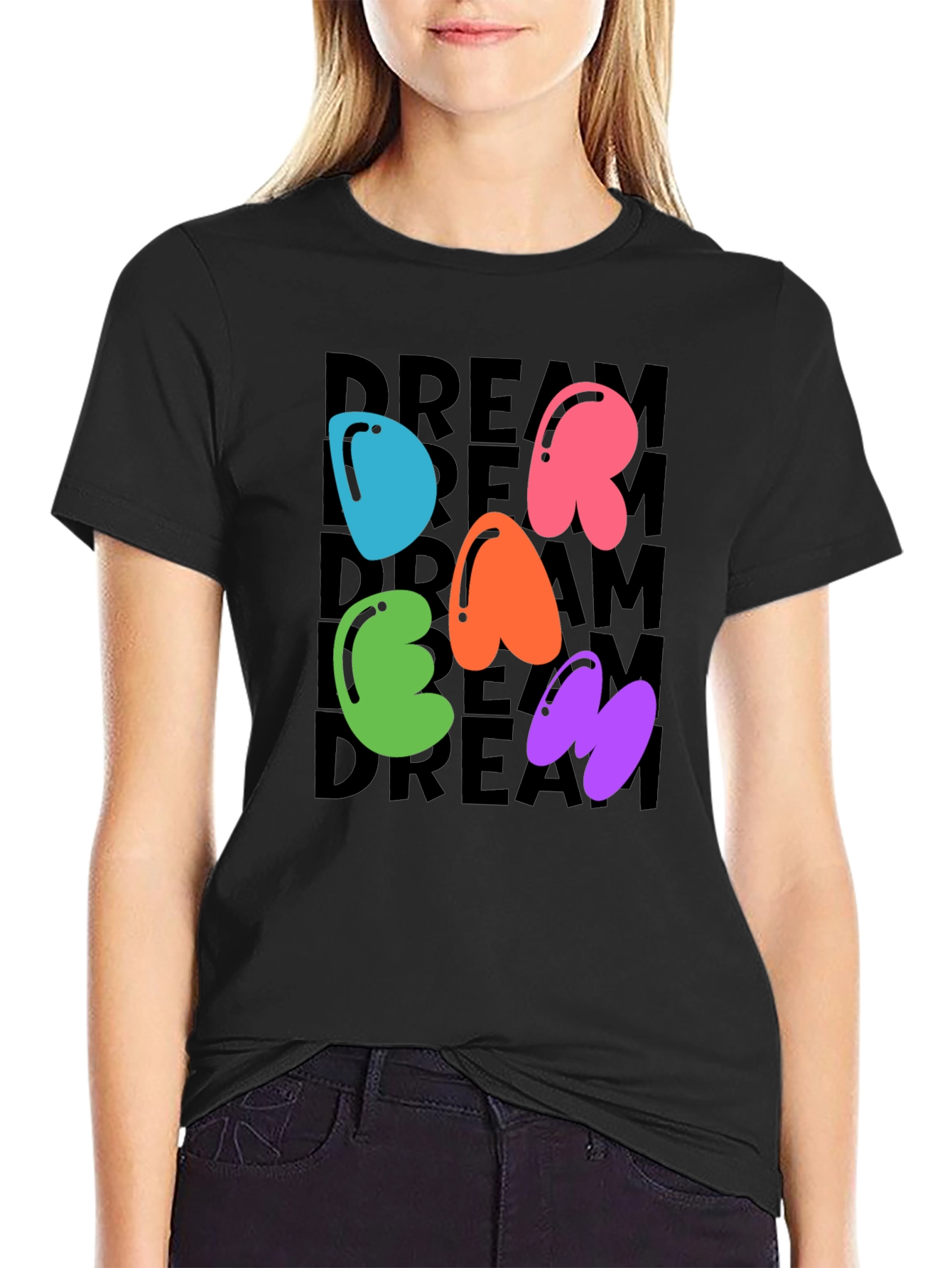 Black Dreamy Letter Graphic Crew Neck Tee view 2