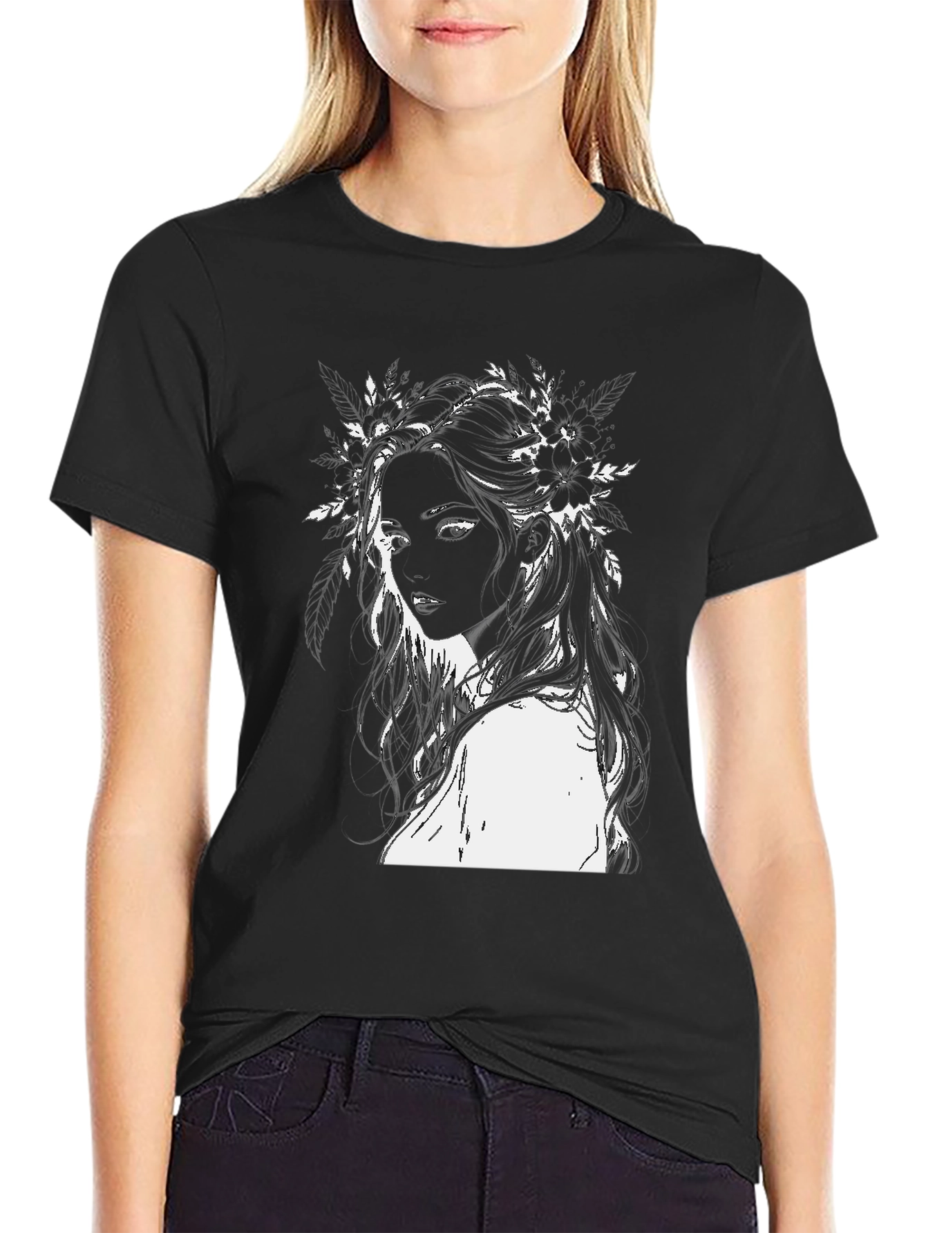 Black Black T-Shirt with Floral Woman Design view 2