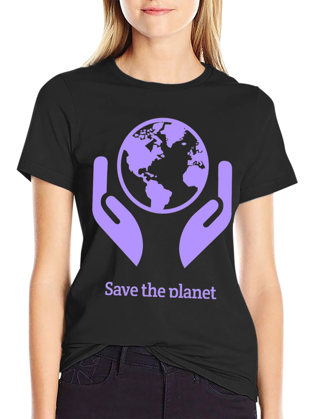 Black Save the Planet T-Shirt - Earth in Hands Graphic Tee view 2