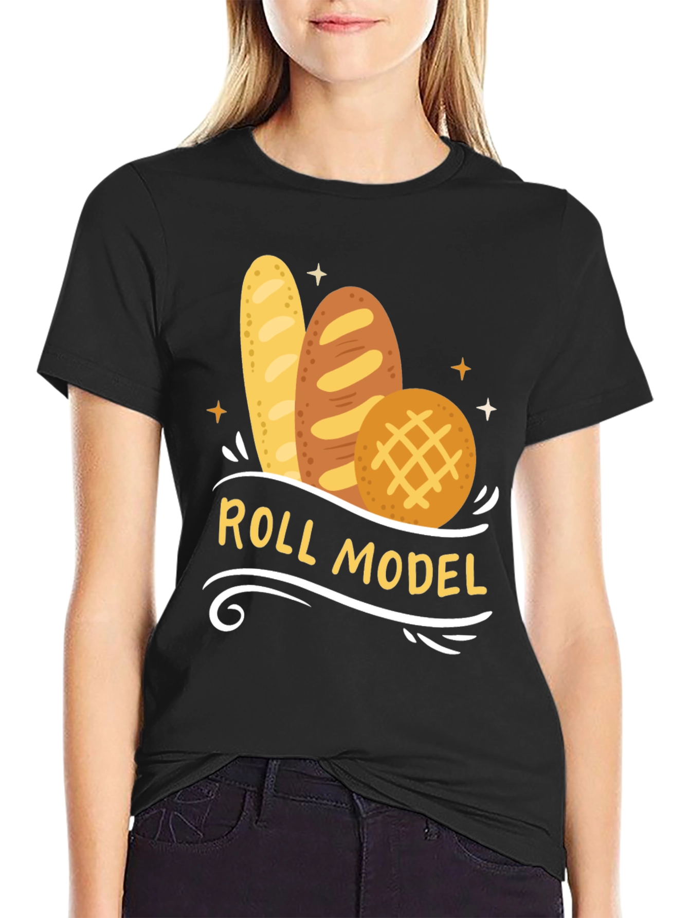 Black Roll Model Graphic T-Shirt - Funny Bread Pun Tee view 2