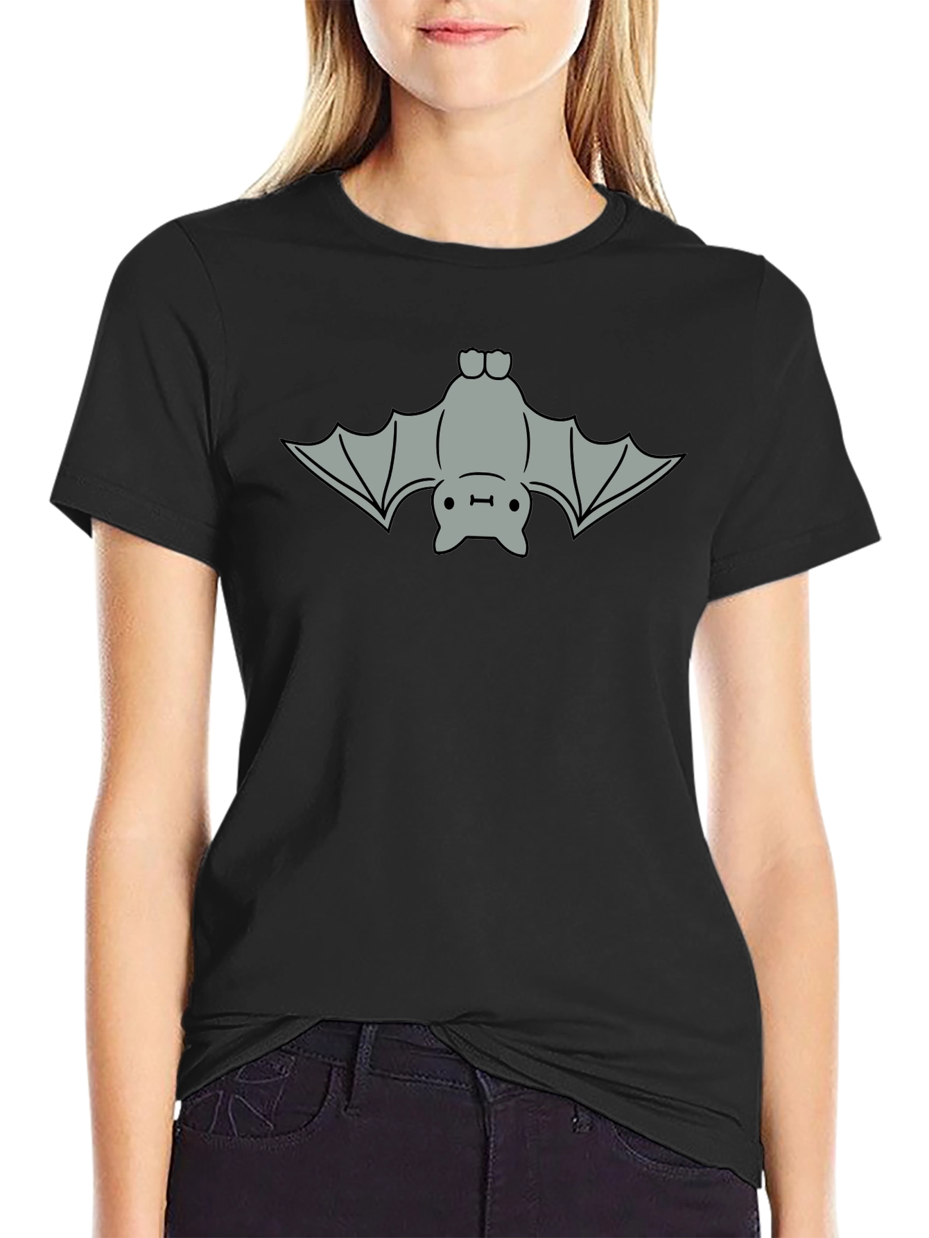 Black Cute Bat Graphic Tee - Black Cotton T-Shirt view 2