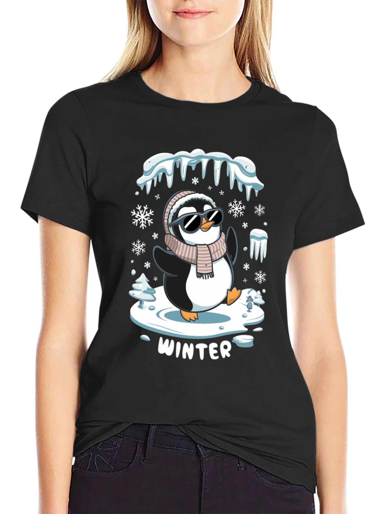 Black Winter Penguin T-Shirt - Cool Holiday Apparel view 2