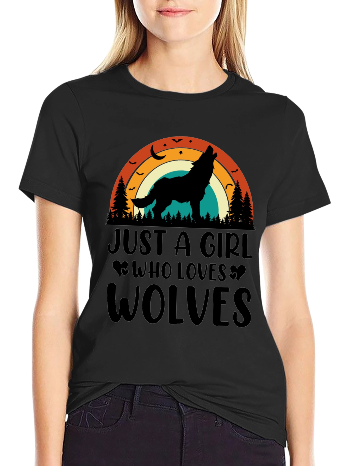 Black Wolf Lover Retro Graphic Tee view 2