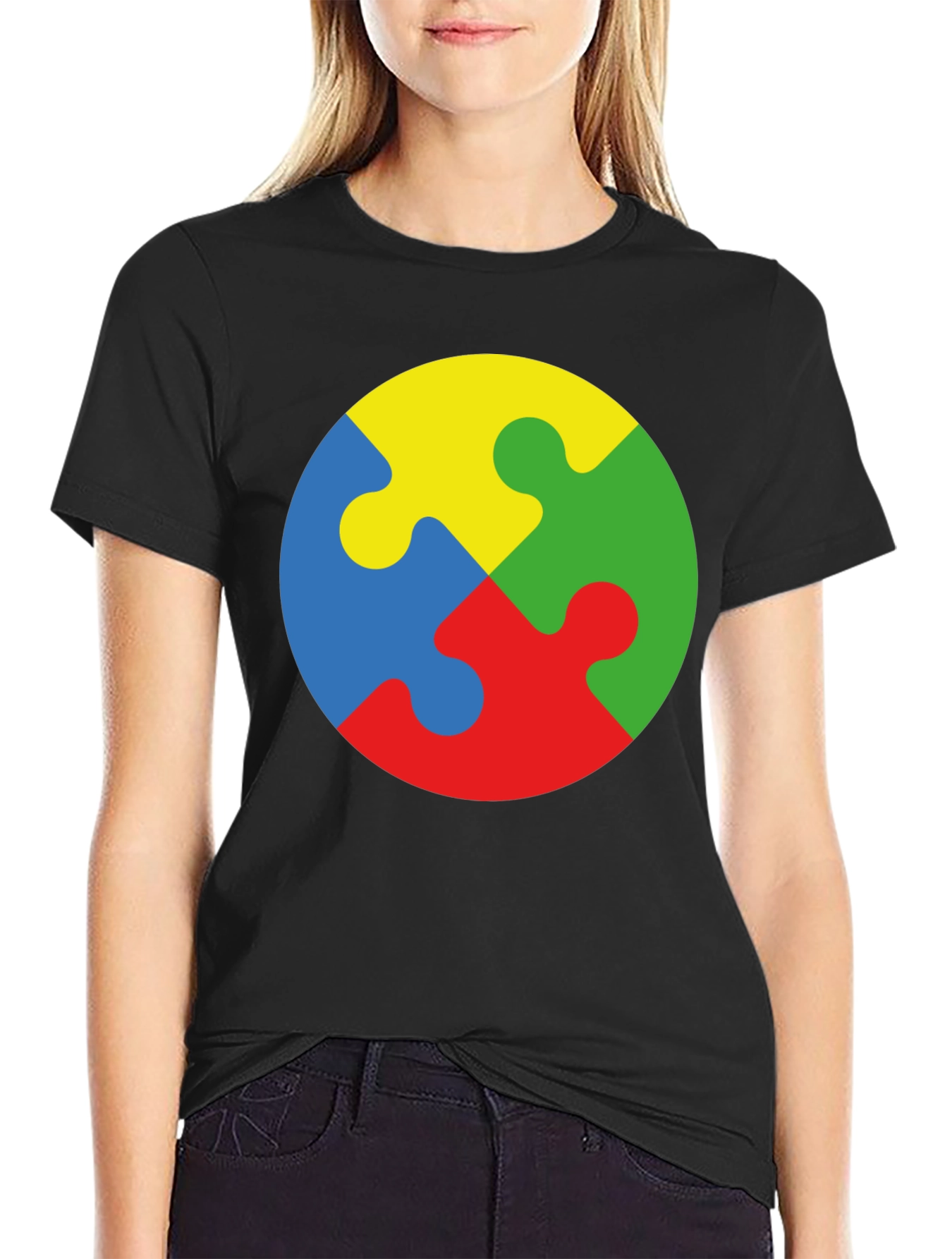 Black Autism Awareness Puzzle Piece Graphic T-Shirt view 2