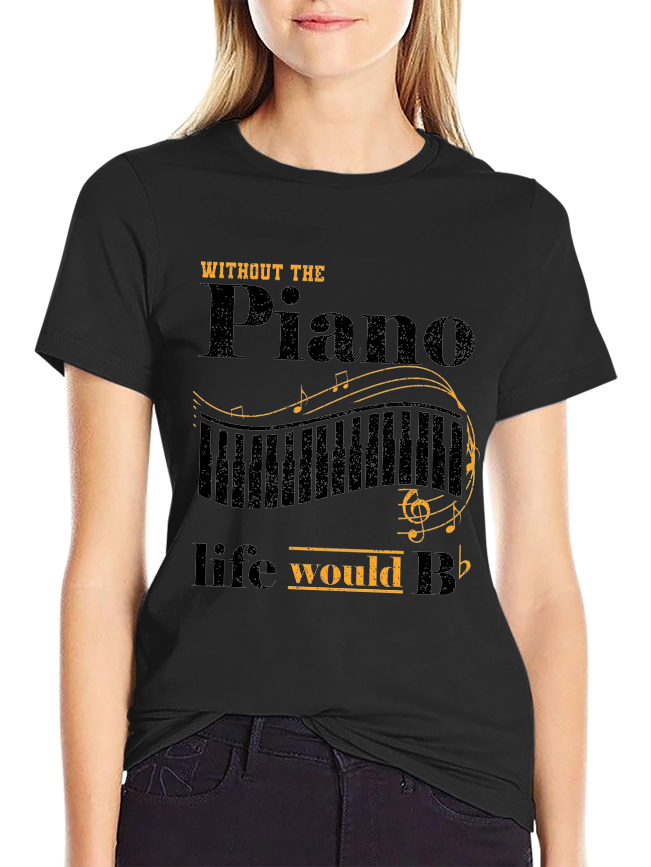 Black Piano Lover T-Shirt: Life Without Piano Would B Flat view 2