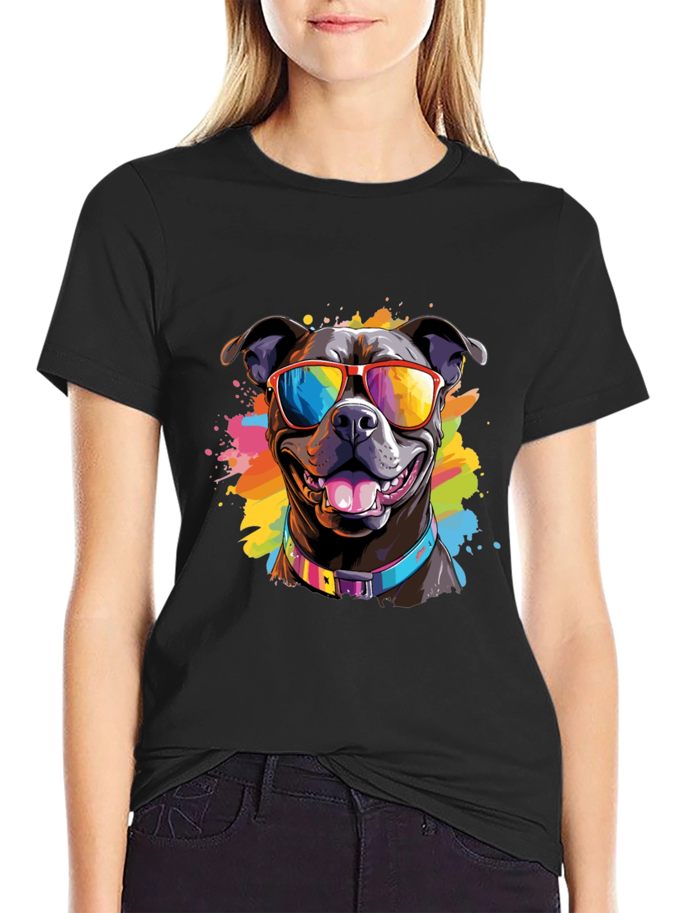 Black Cool Dog T-Shirt - Colorful Pitbull Sunglasses Tee view 2