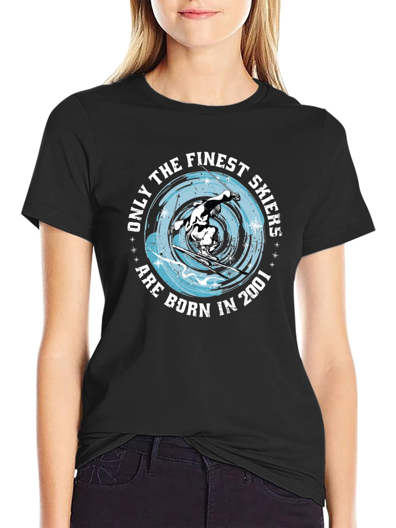 Black Finest Skiers Born in 2001 T-Shirt view 2