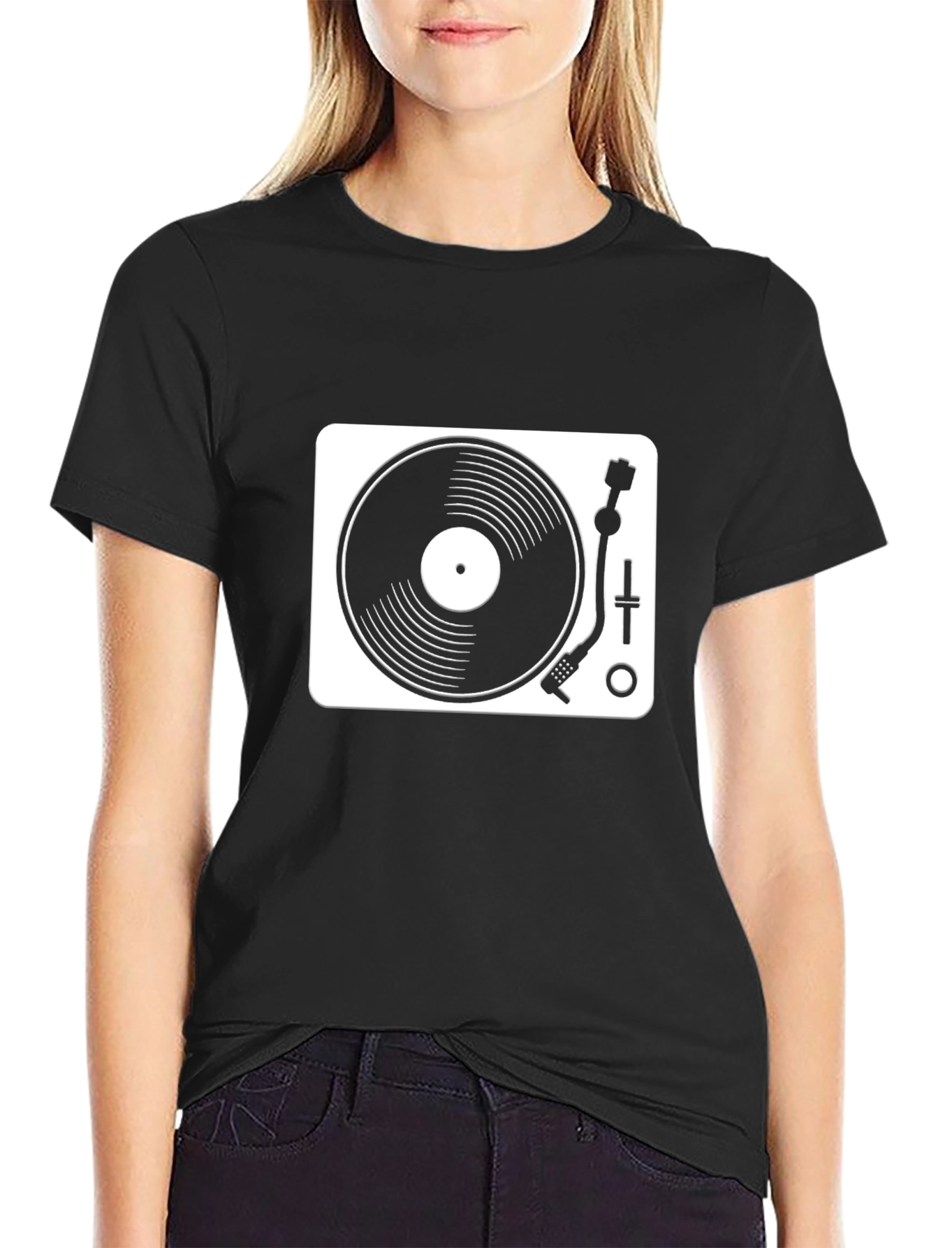 Black Retro DJ Turntable Graphic Tee - Black Cotton Blend view 2