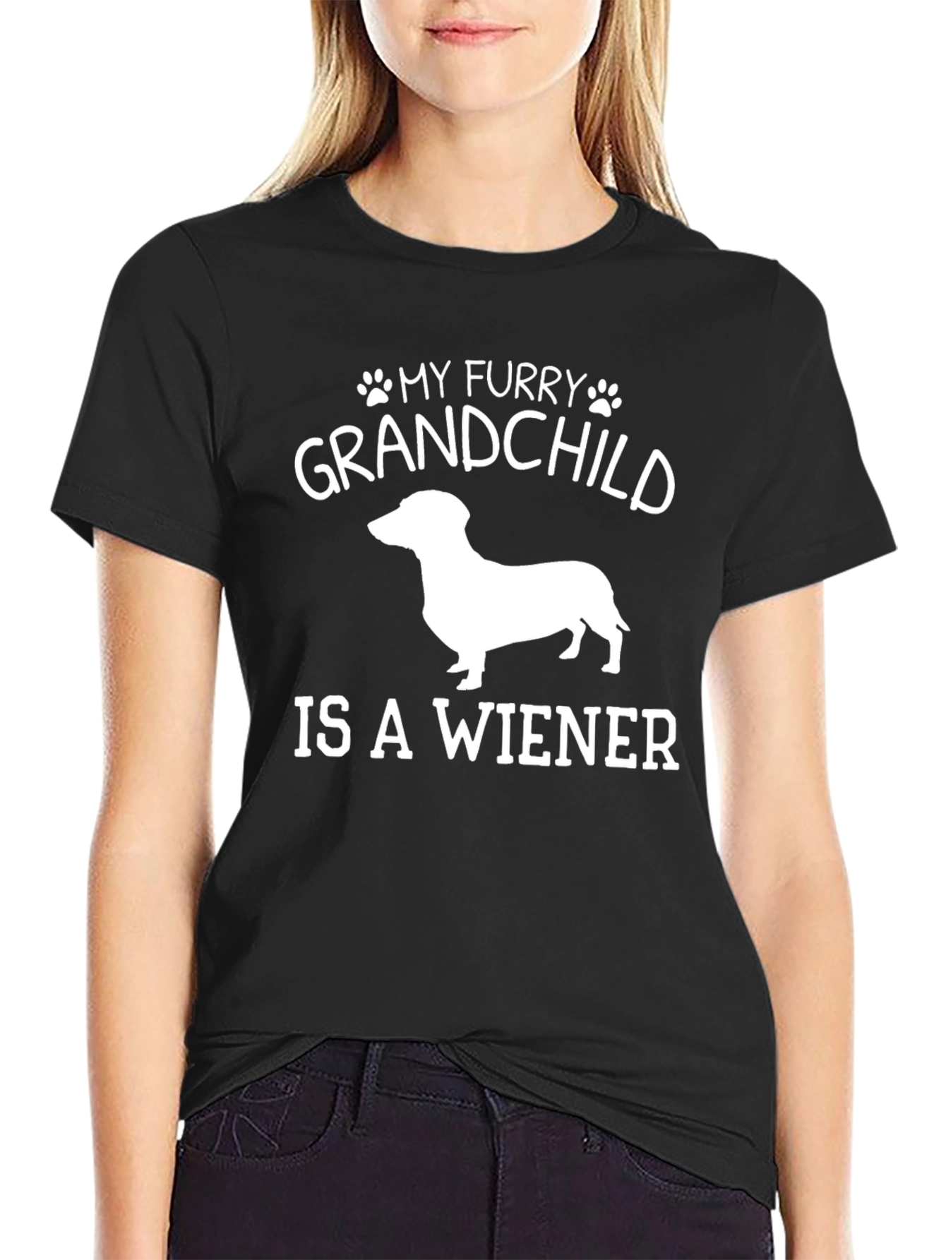 Black My Furry Grandchild is a Wiener Dog T-Shirt view 2