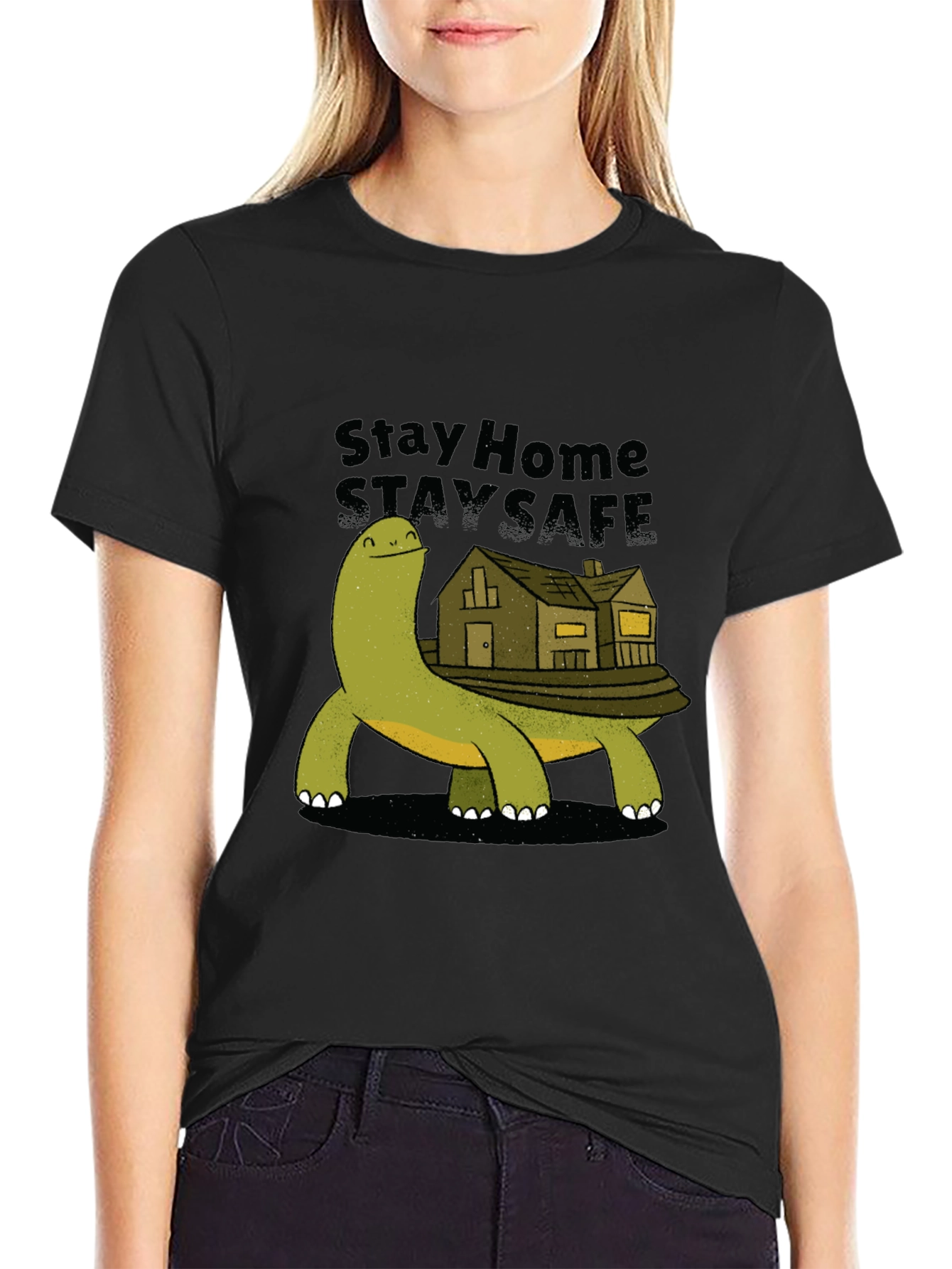 Black Stay Home Stay Safe Turtle House T-Shirt view 2