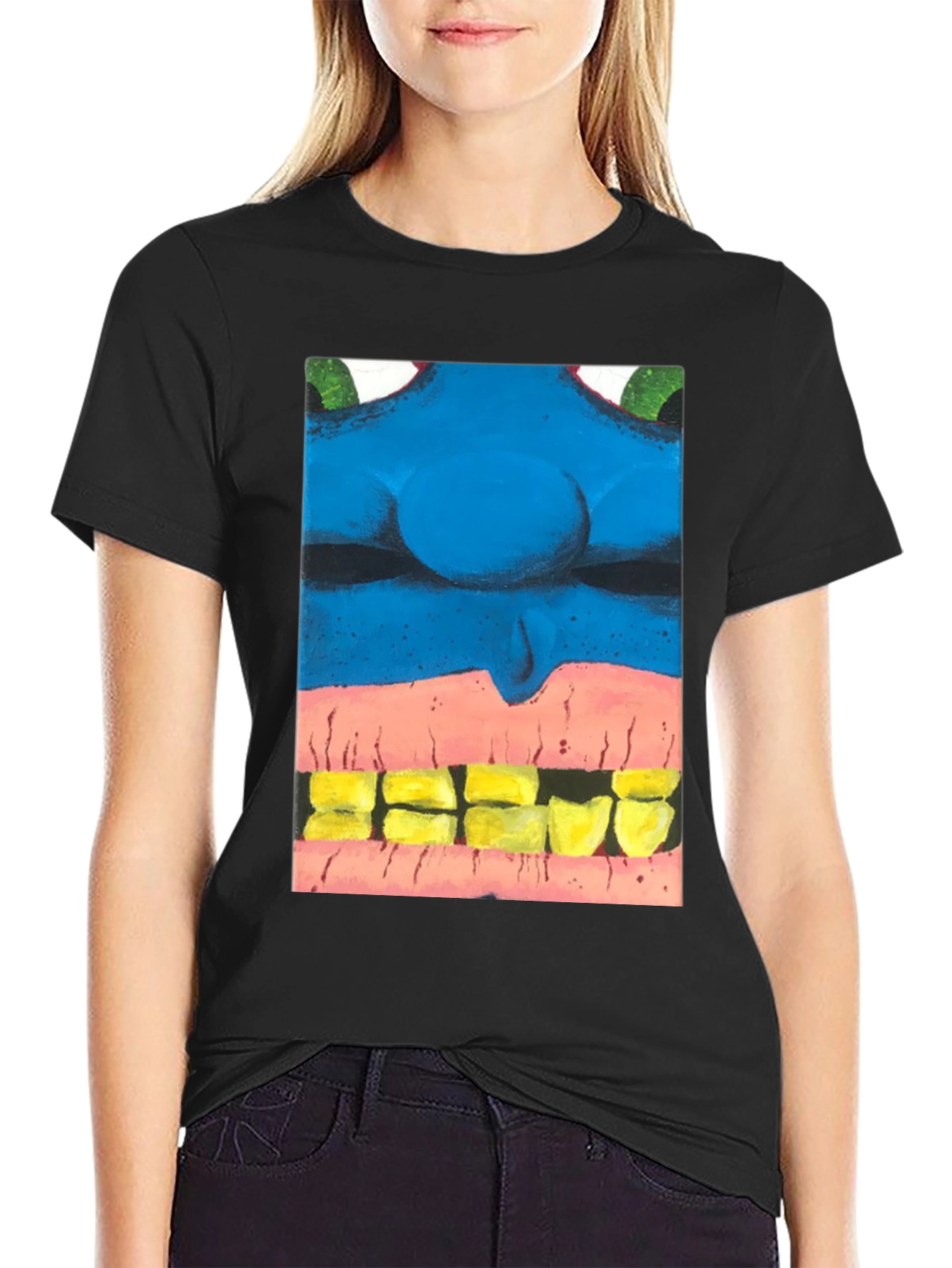Black Blue Monster Face Graphic Tee - Unique Design view 2