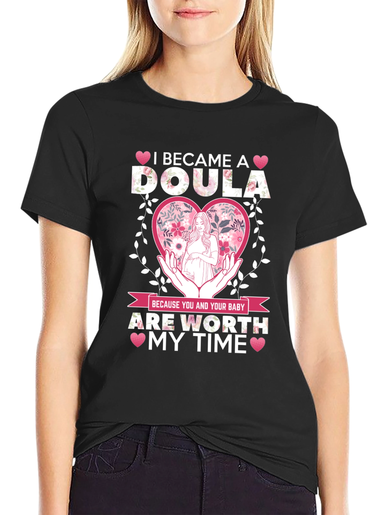 Black Doula T-Shirt - Floral Heart Design view 2