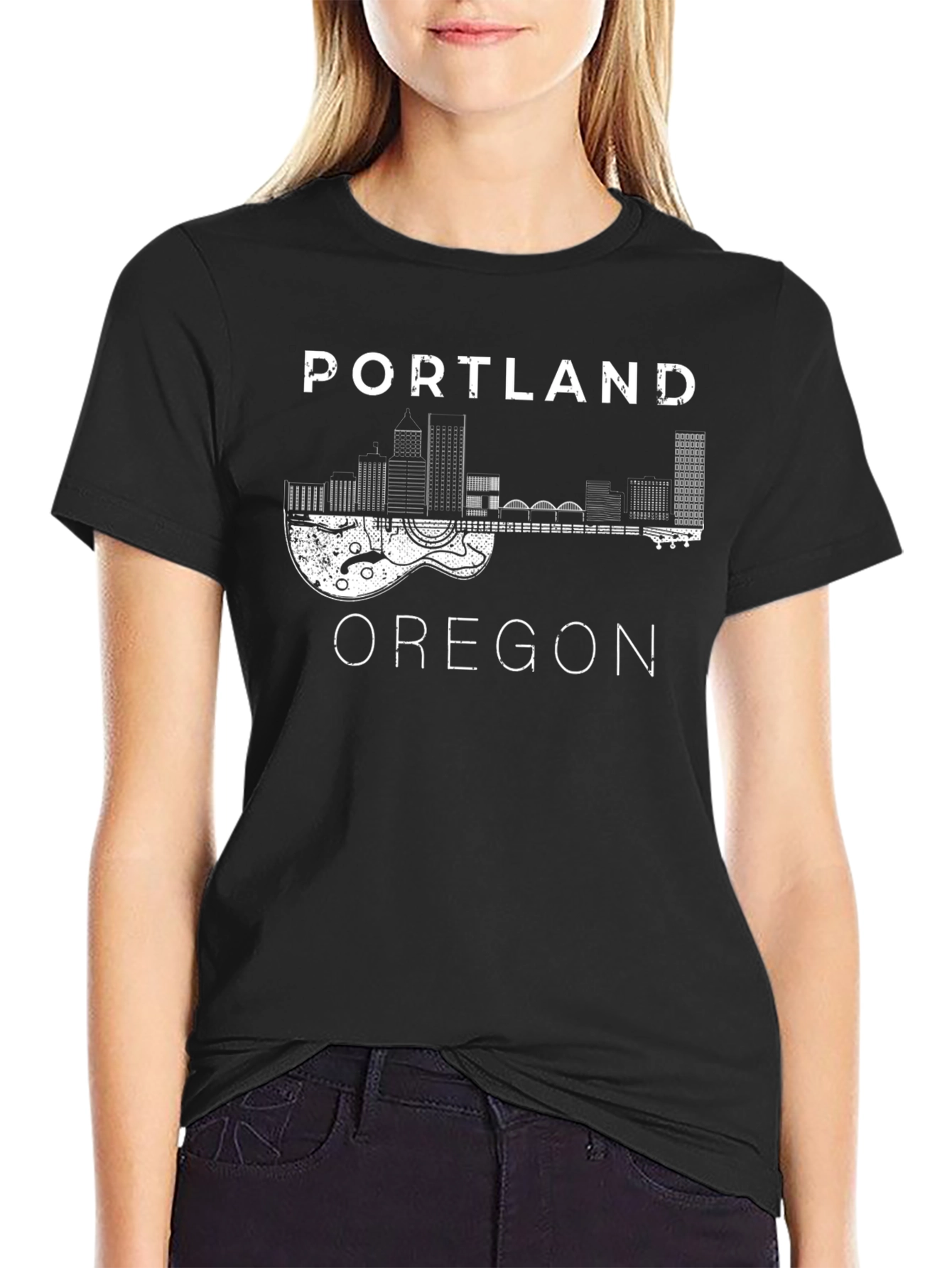 Portland Oregon Guitar Skyline Black T-Shirt - 2