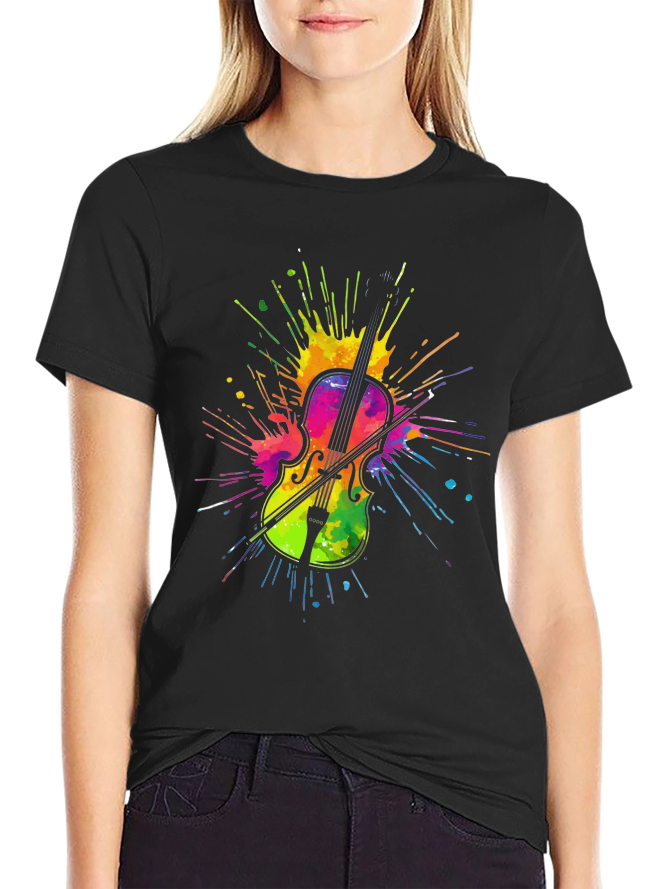 Black Colorful Violin Graphic Tee view 2