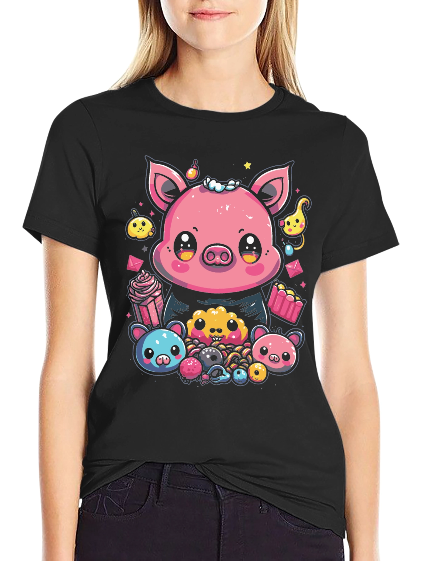 Black Kawaii Piggy T-Shirt - Cute Cartoon Graphic Tee view 2