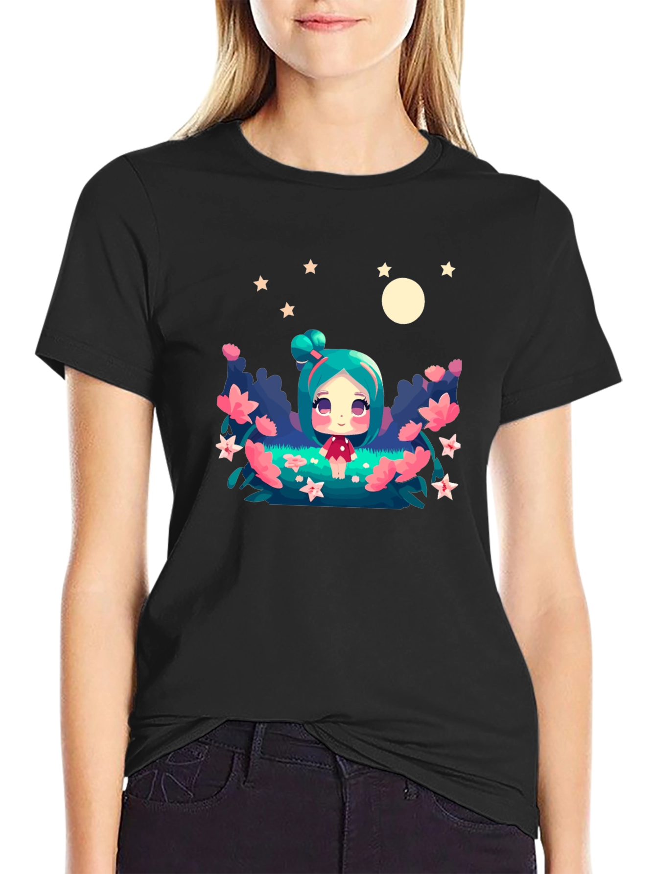 Black Cute Cartoon Fairy Graphic Tee - Black Unisex T-Shirt view 2