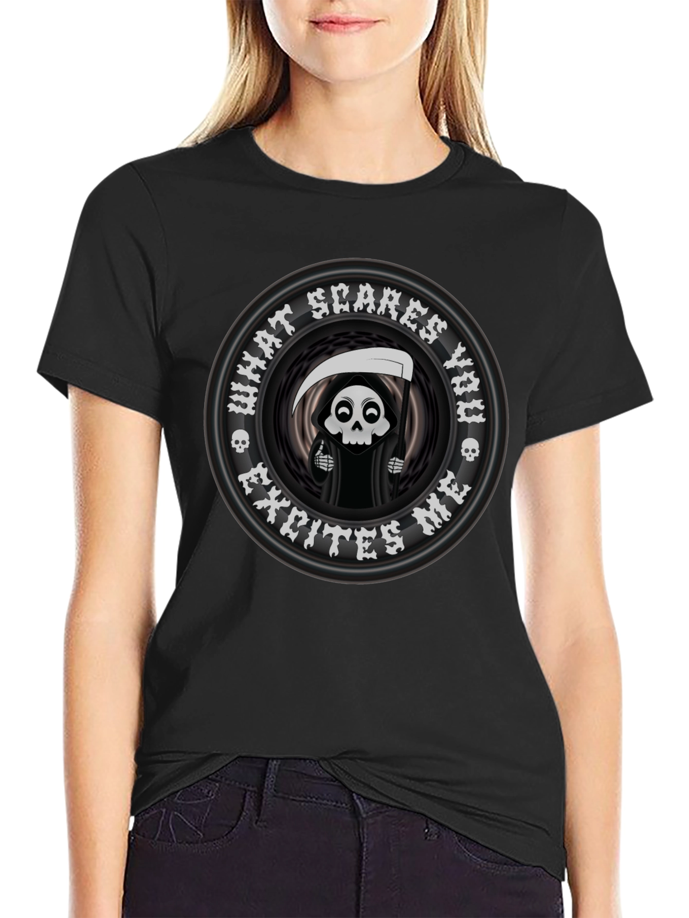 Black Funny Grim Reaper 'What Scares You' Graphic T-Shirt view 2
