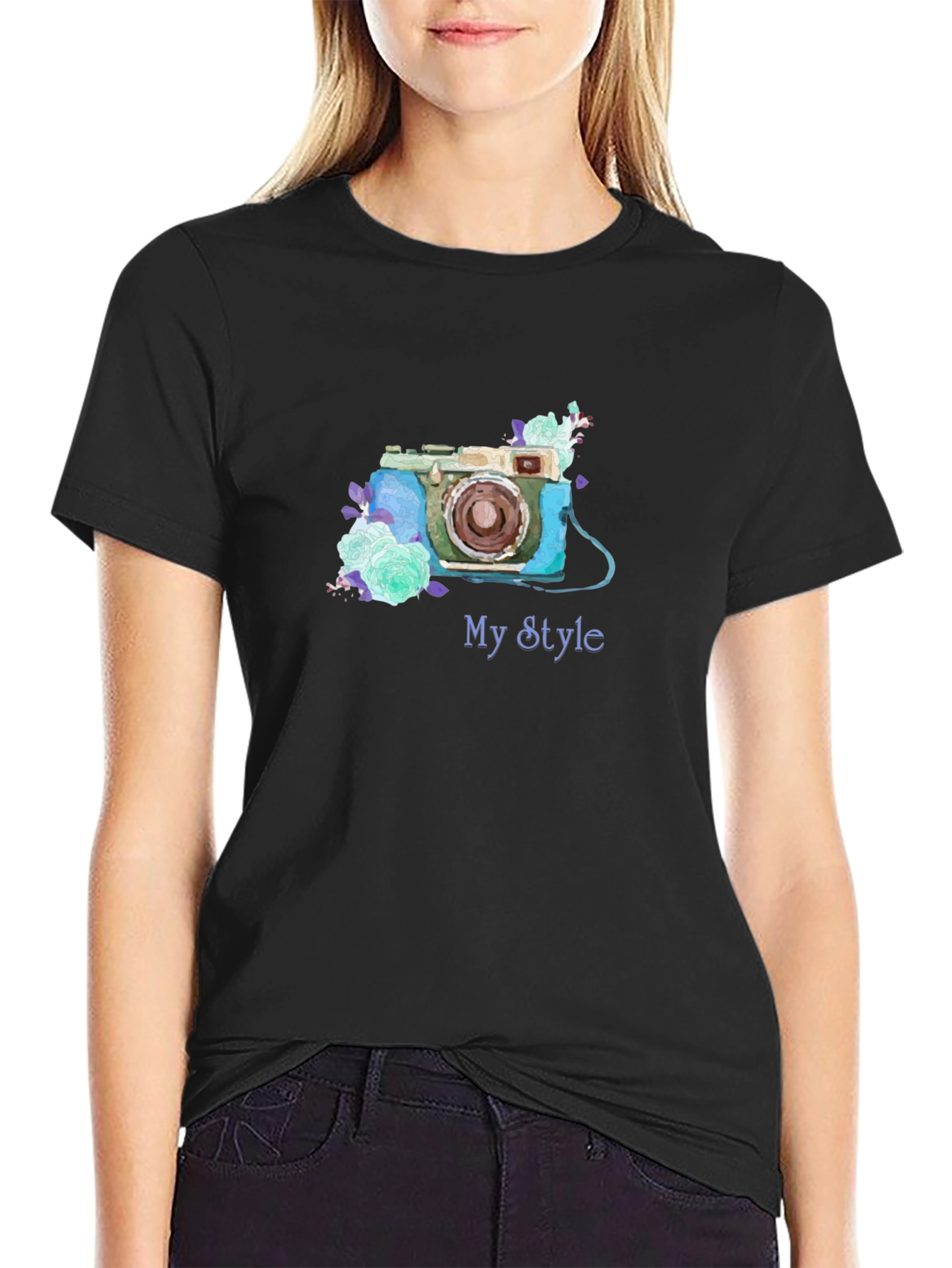 Black Retro Camera Floral Tee - My Style Black T-Shirt view 2