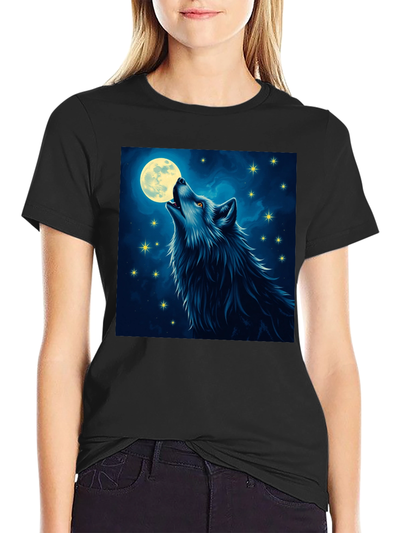 Black Wolf Moon T-Shirt - Mystical Night Design view 2
