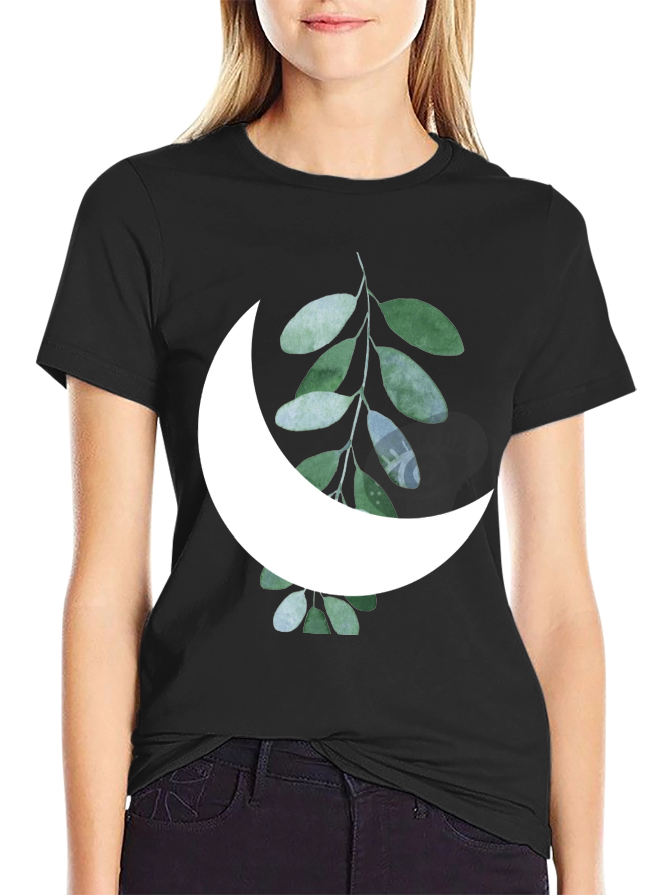 Black Moon & Leaf Graphic Black T-Shirt view 2