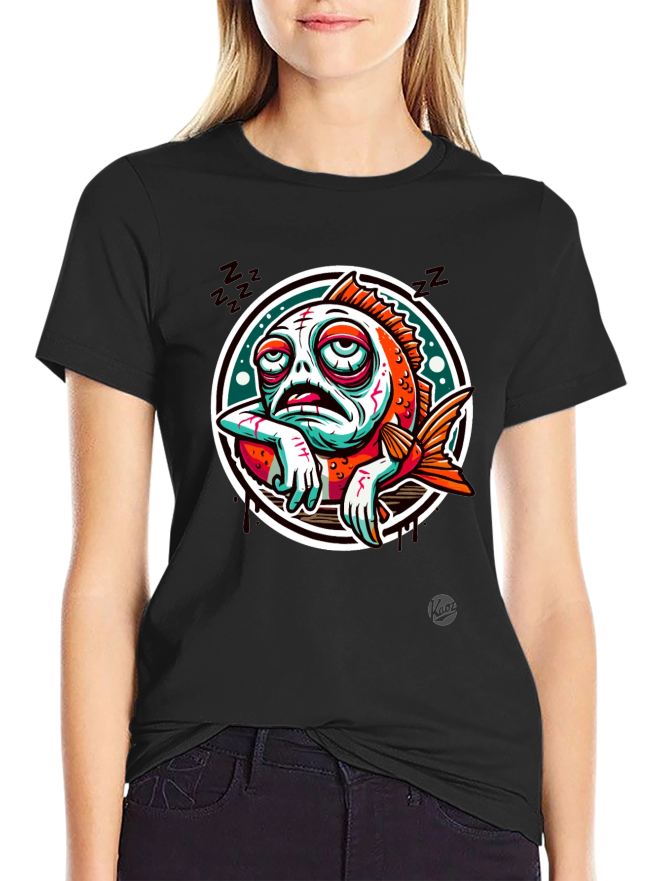 Black Sleepy Fish Graphic Tee - Black Cotton T-Shirt view 2
