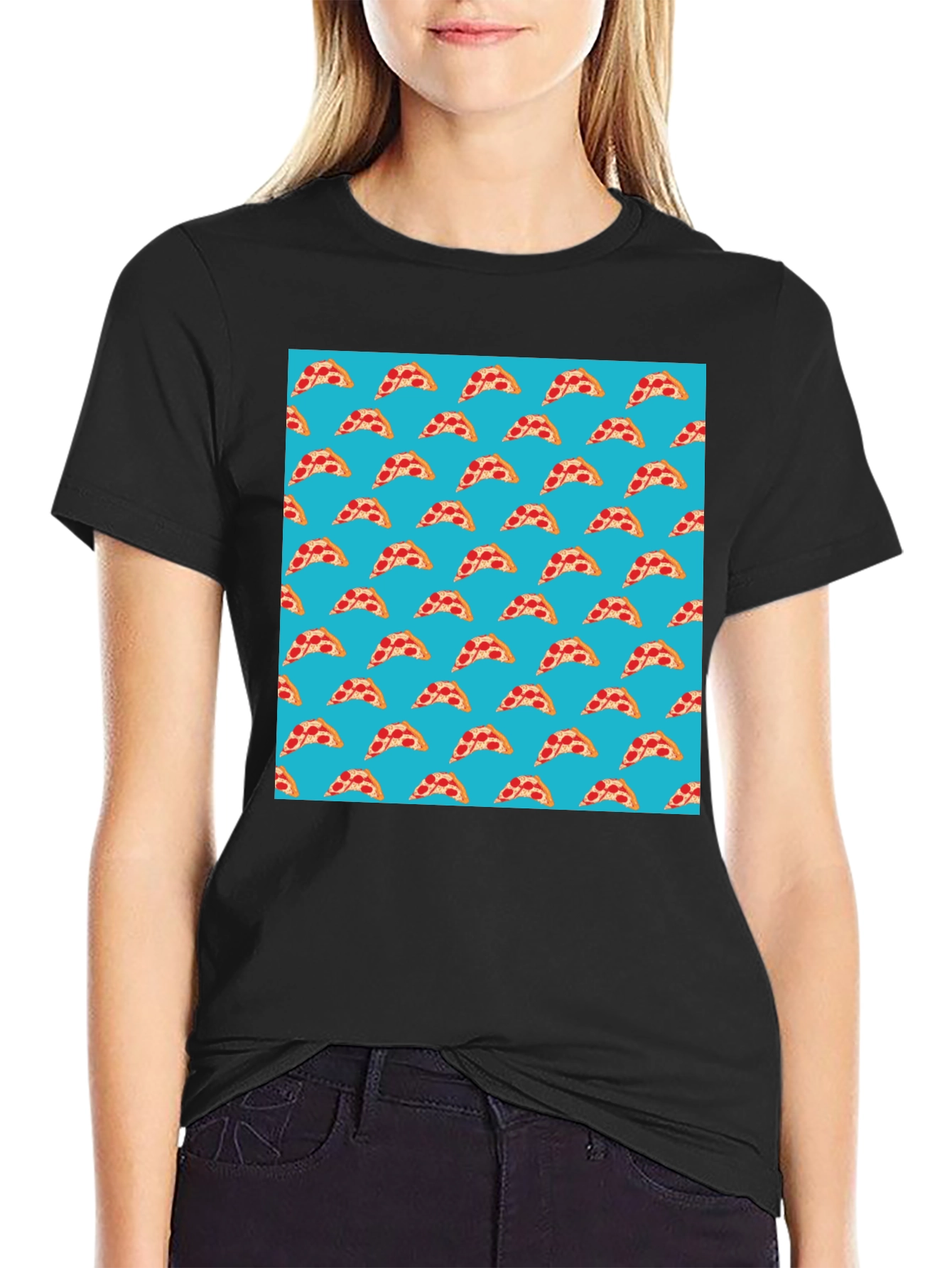 Black Pizza Slice Pattern T-Shirt - Fun Foodie Style view 2